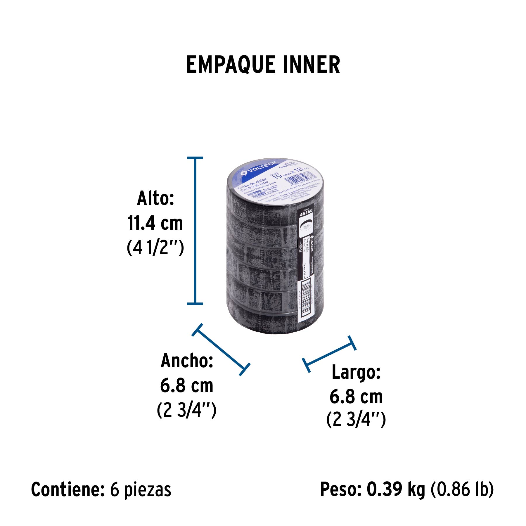 Cinta de aislar de 18 m x 19 mm, negra, VOLTECK - Empaque