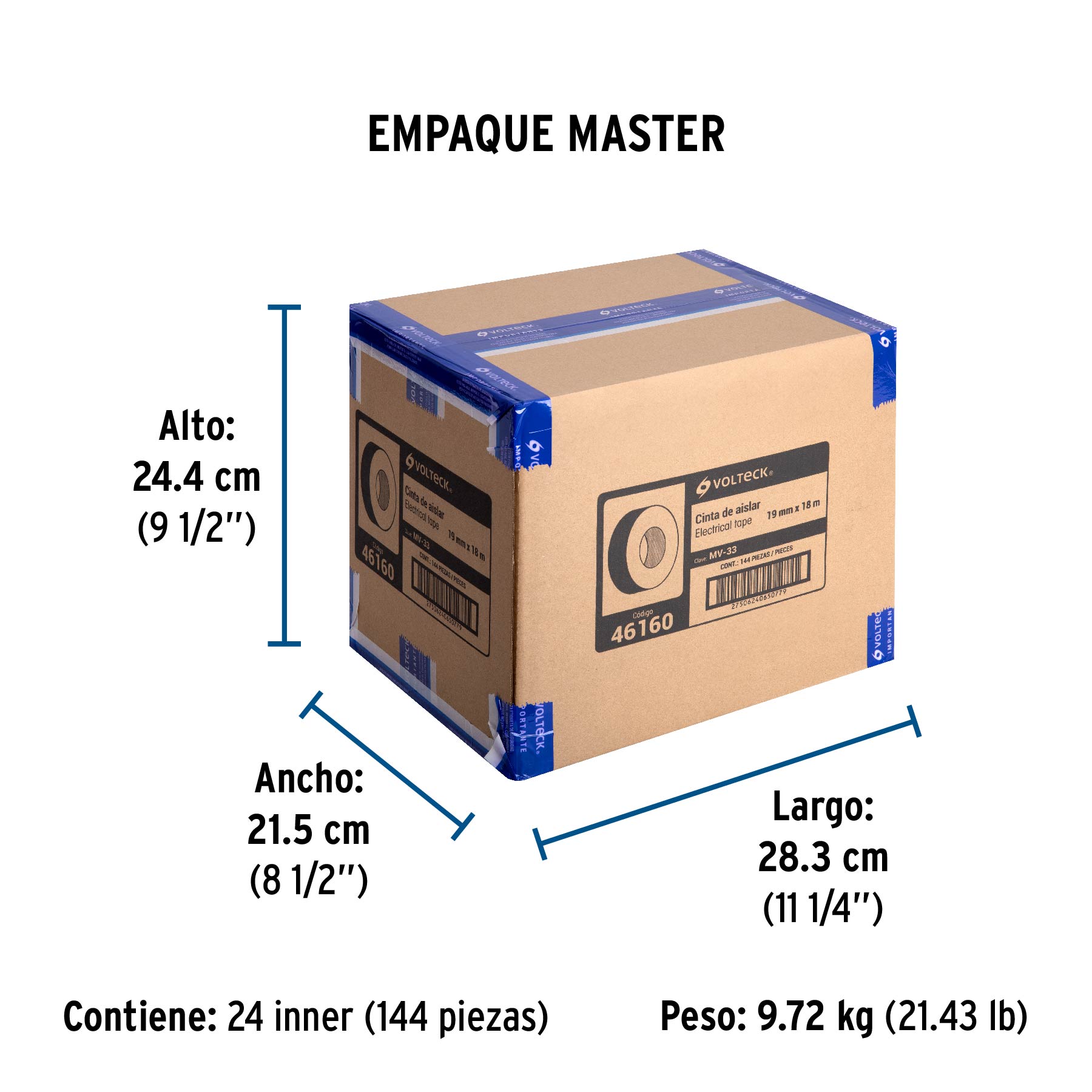 Cinta de aislar de 18 m x 19 mm, negra, VOLTECK - Empaque