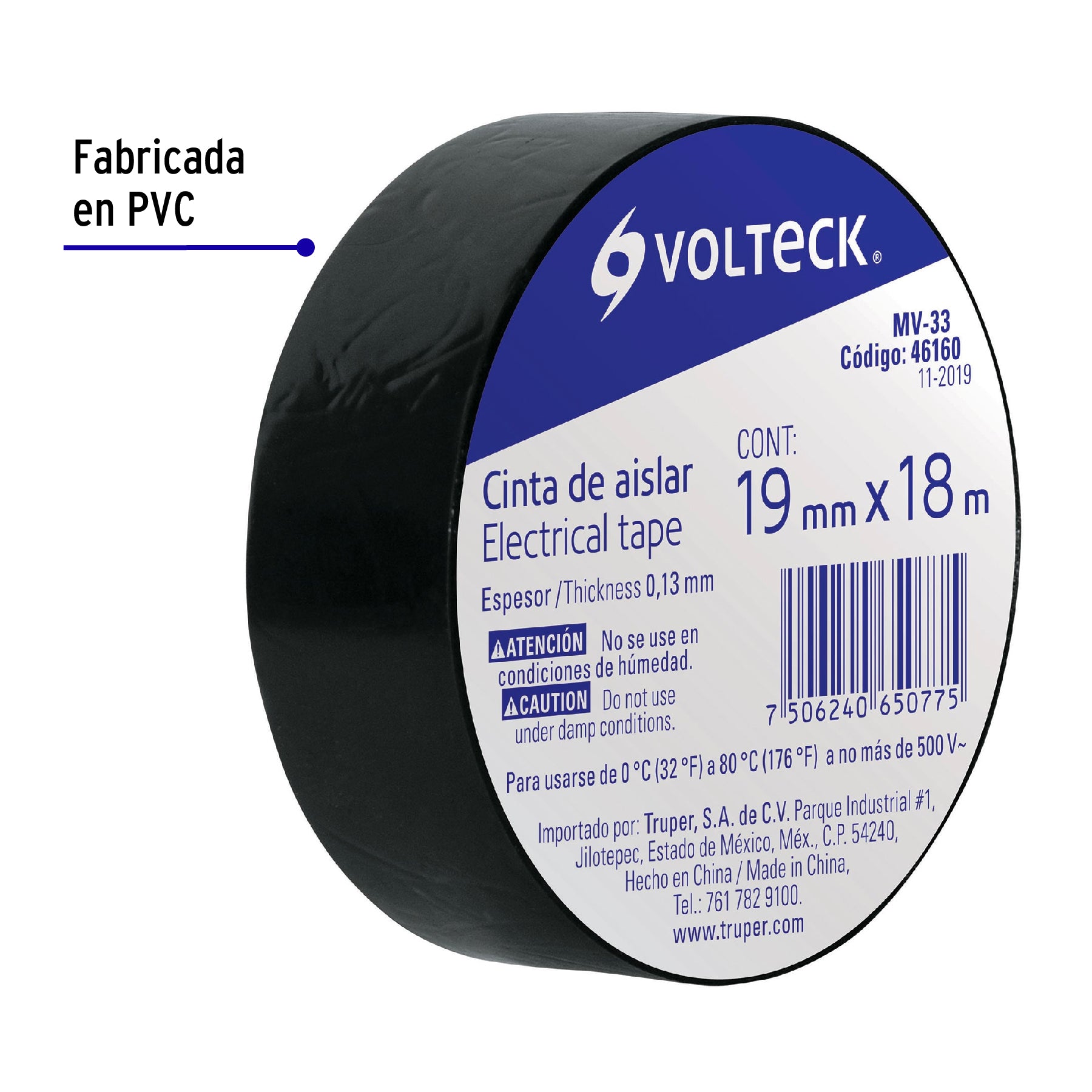Cinta de aislar de 18 m x 19 mm, negra, VOLTECK