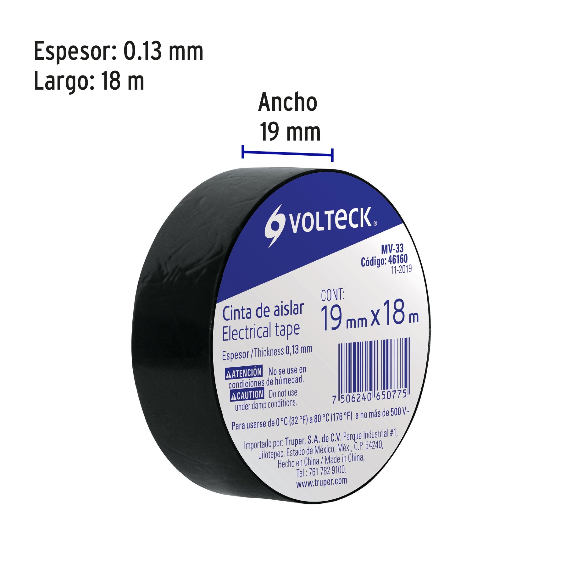 Cinta de aislar de 18 m x 19 mm, negra, VOLTECK