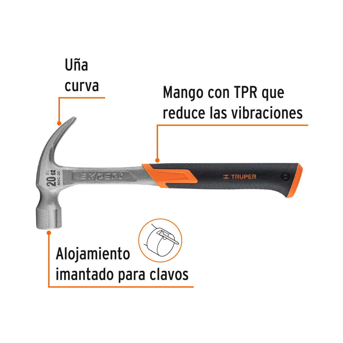 Martillo forjado 20 oz uña curva, mango con neopreno, EXPERT