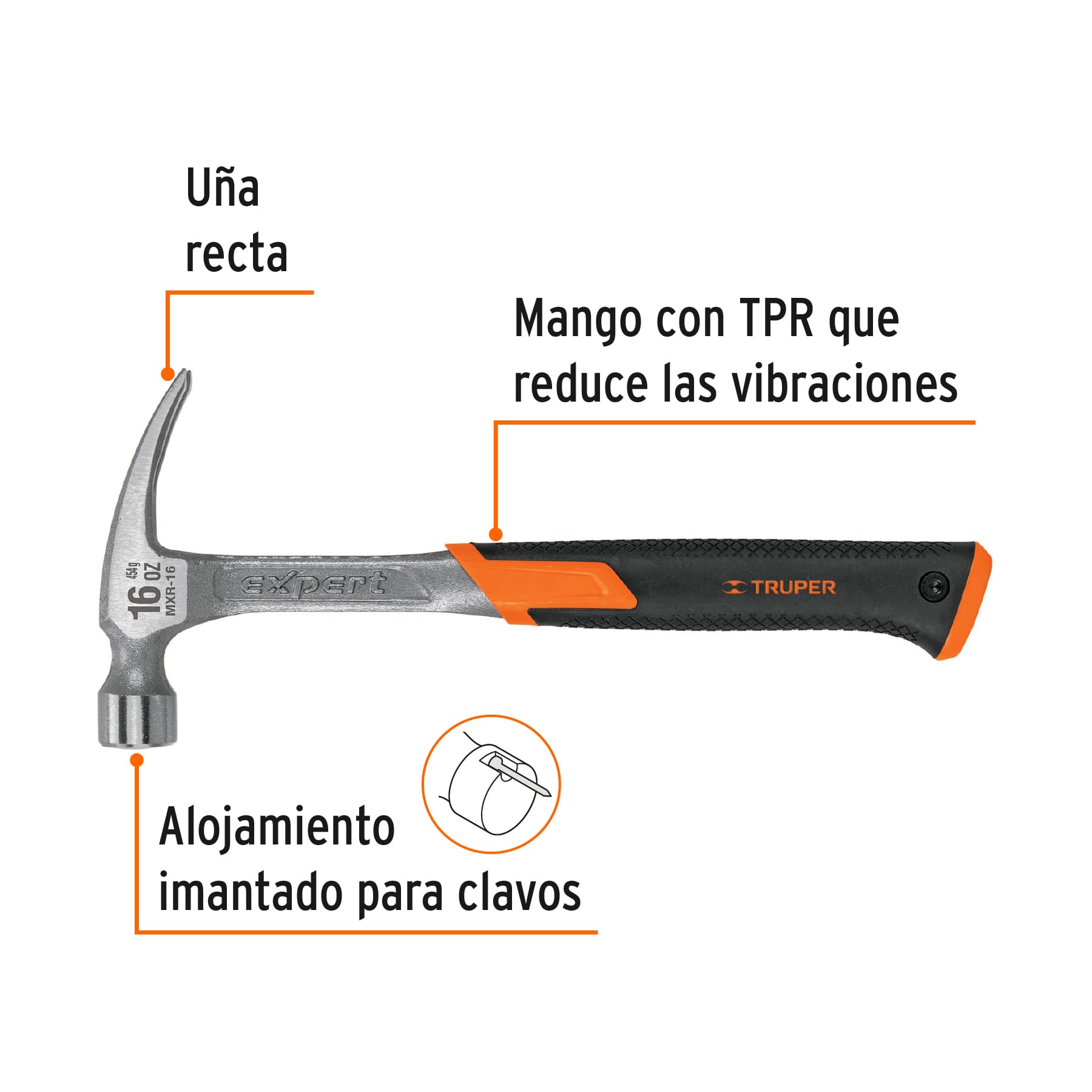 Martillo forjado 16 oz uña recta, mango con neopreno, EXPERT