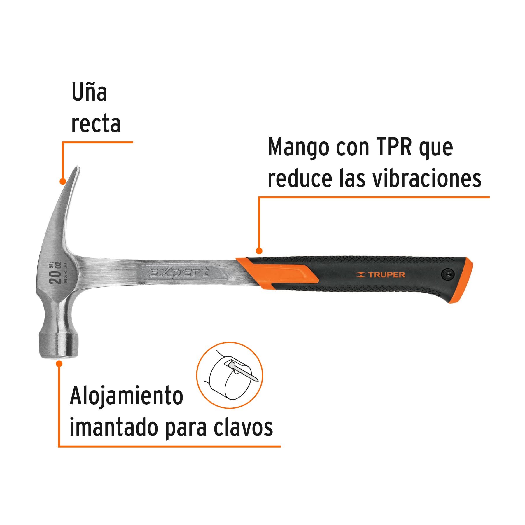 Martillo forjado 20 oz uña recta, mango con neopreno, EXPERT