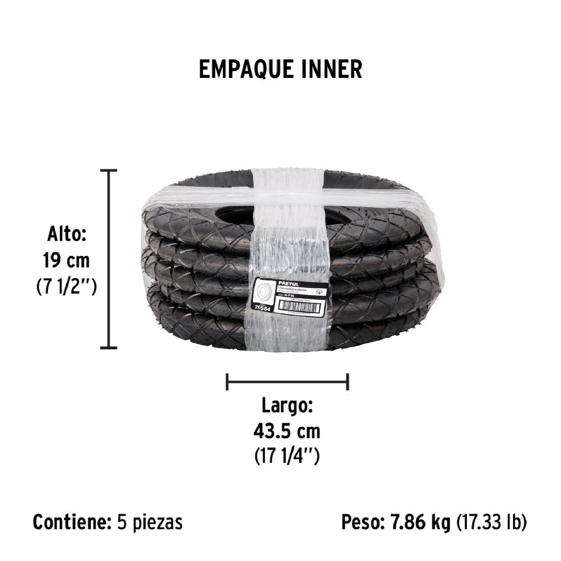 Llanta neumática 16", sin cámara, PRETUL - Empaque