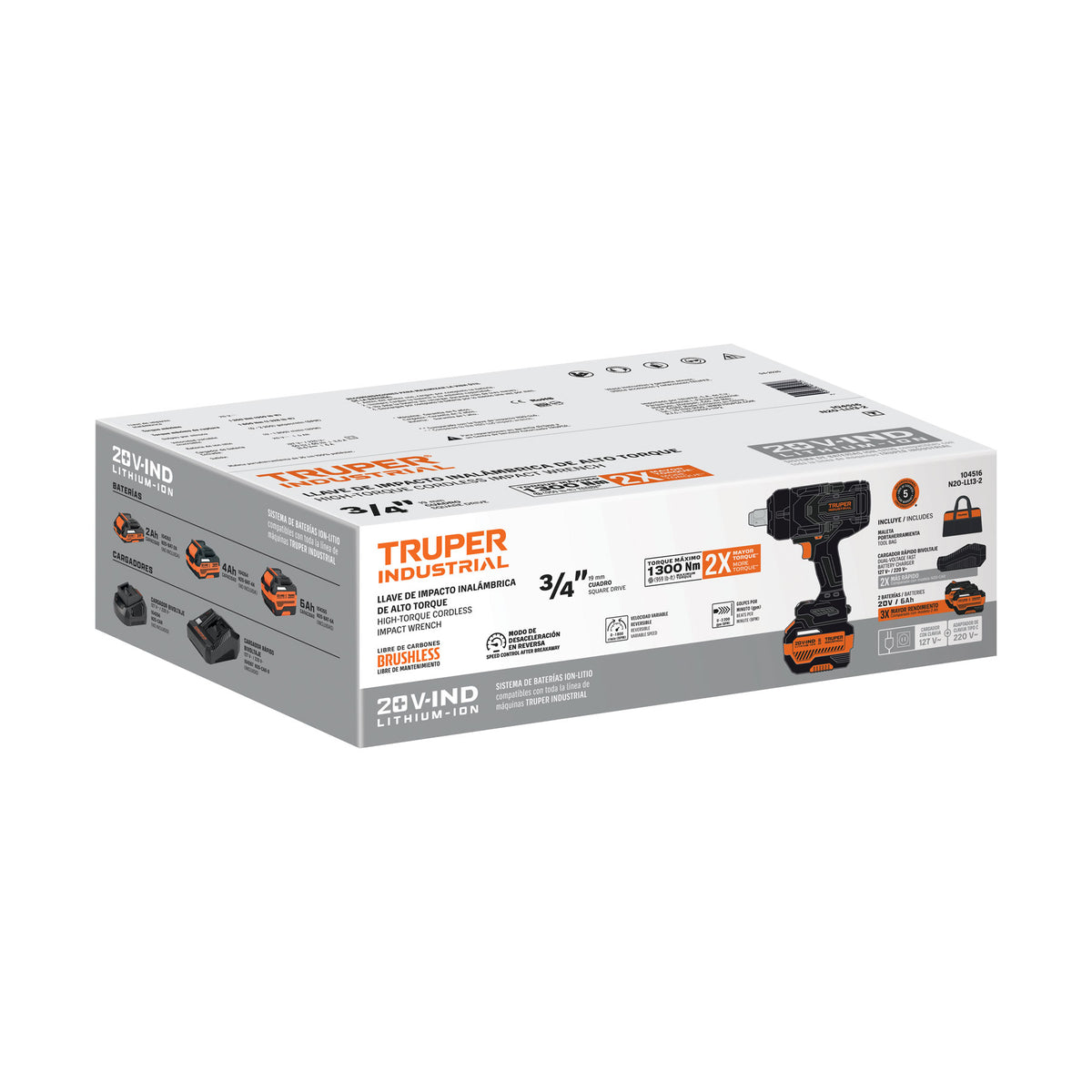 Llave de impacto 3/4" 20V 1300Nm, 2 baterías 6Ah, INDUSTRIAL