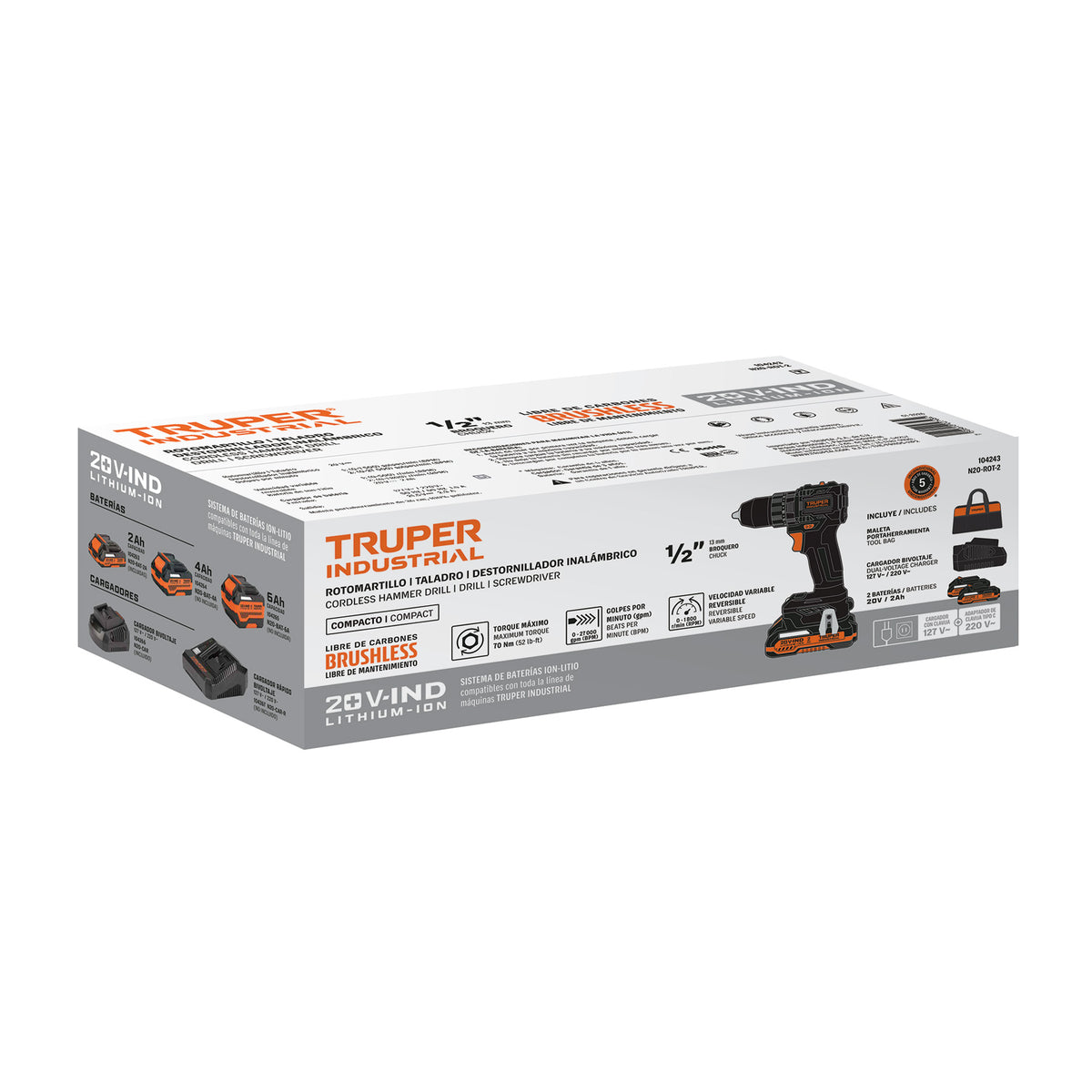 Rotomartillo/destornillador 1/2", 20V, 70Nm, 2 baterías 2Ah