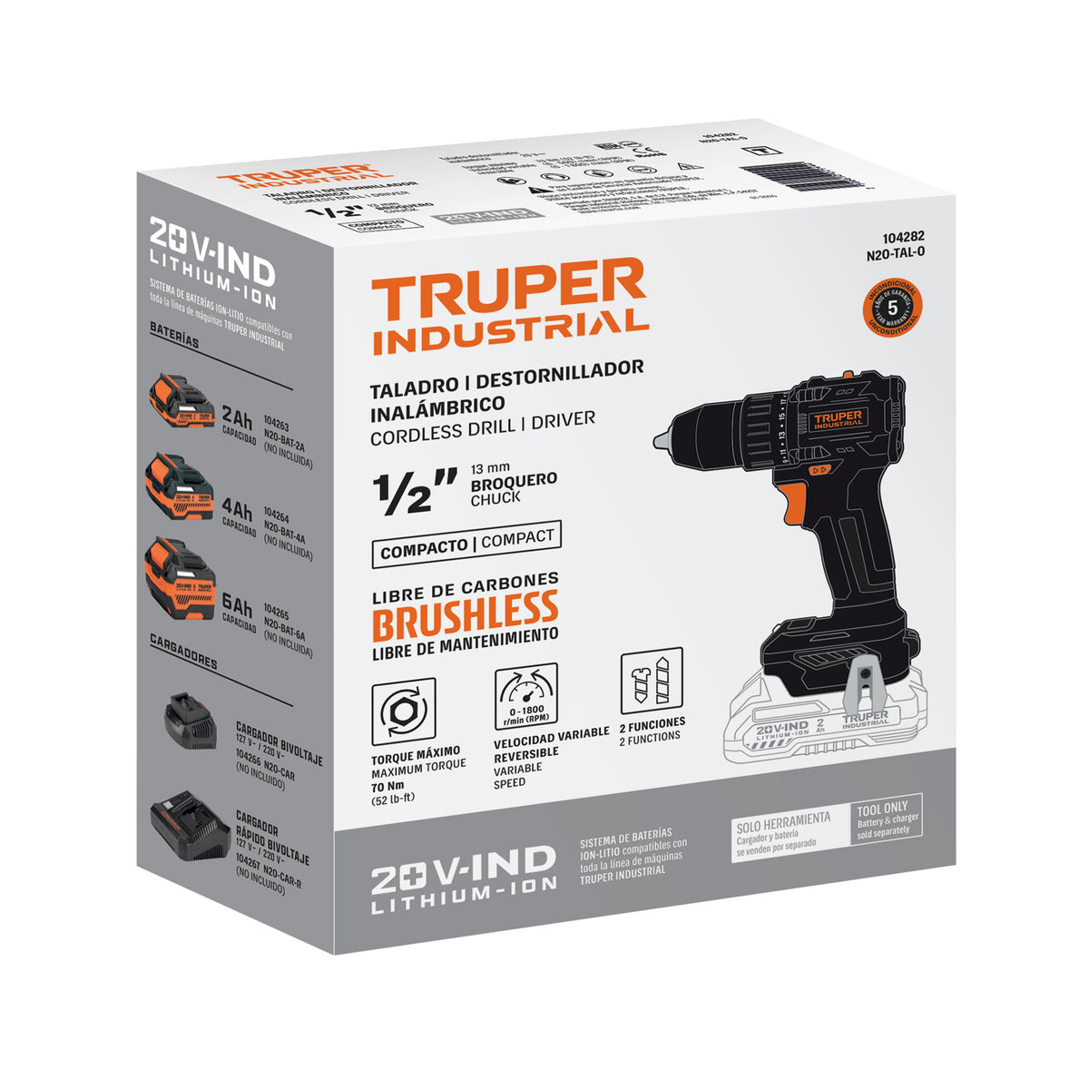 Taladro/destornillador 1/2", 20V, 70Nm, sin accesorios