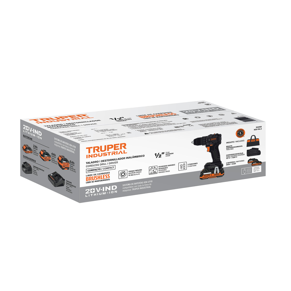 Taladro/destornillador 1/2", 20V, 70Nm, 2 baterías 2Ah