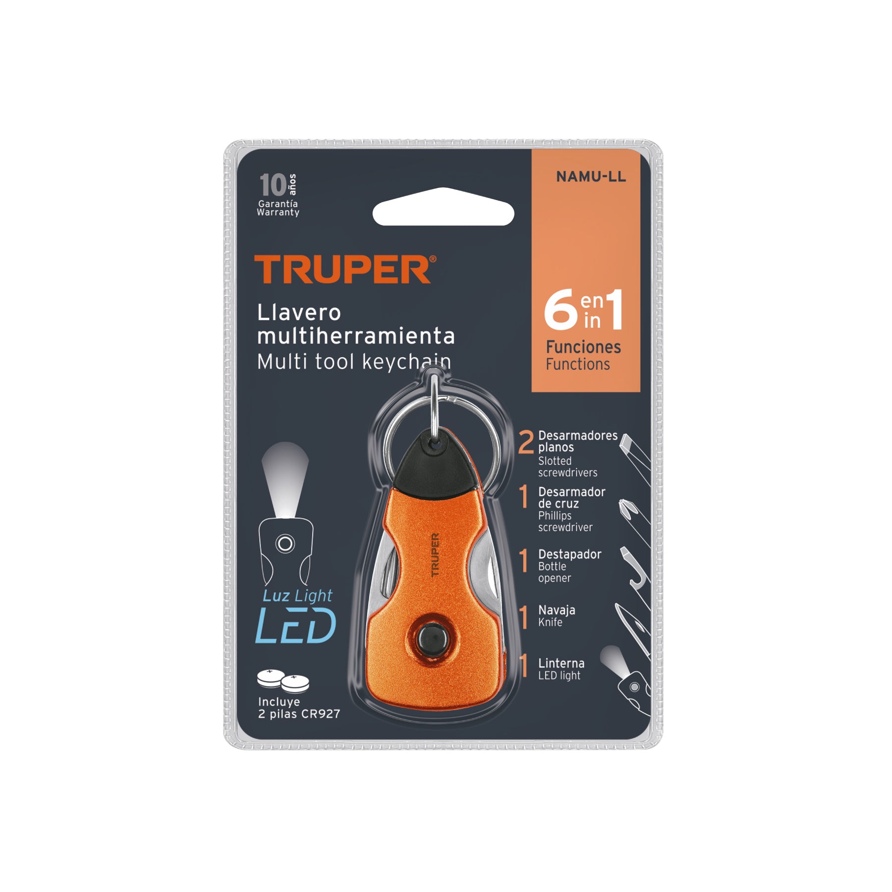 Multiherramienta 6 funciones, con LED, tipo llavero, TRUPER