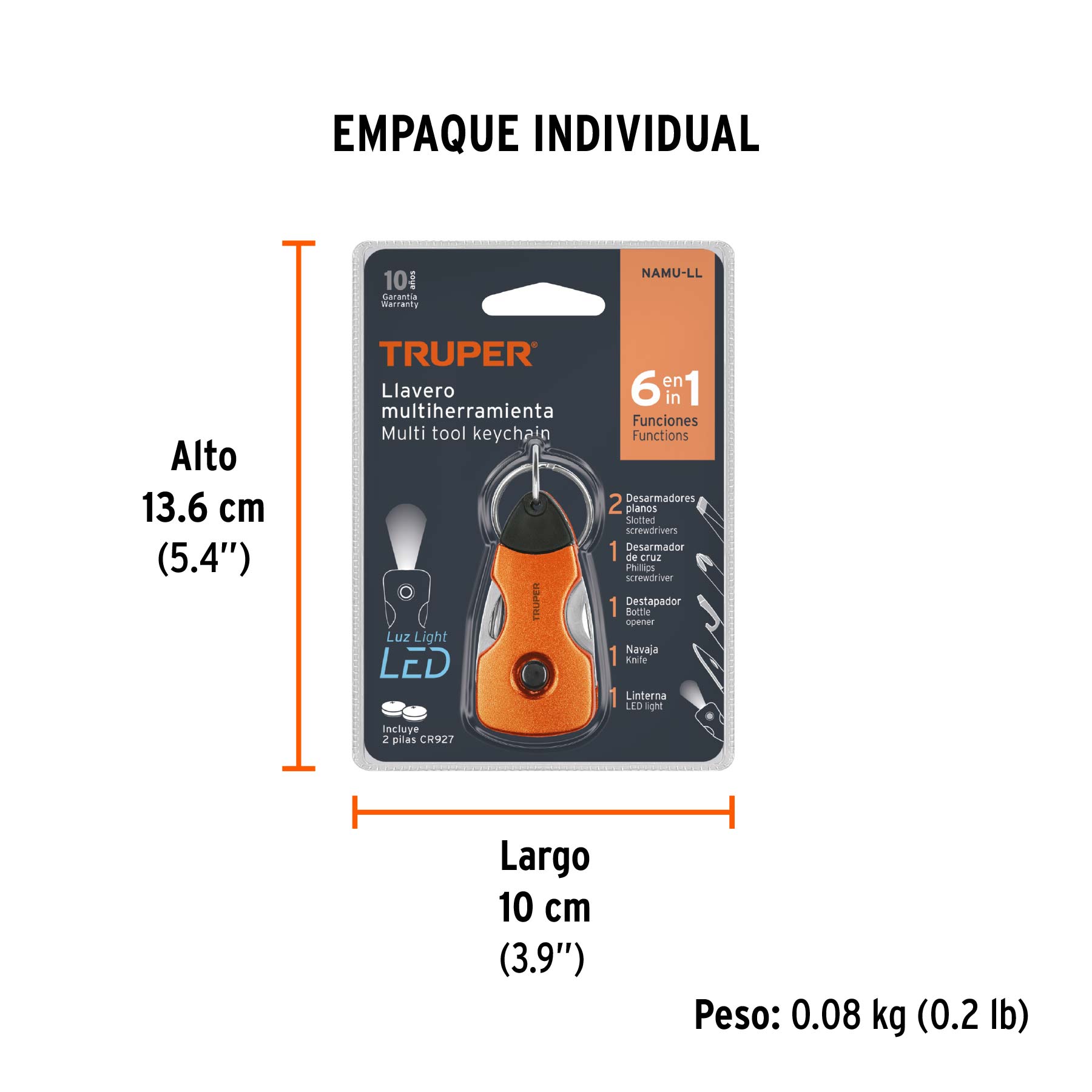 Multiherramienta 6 funciones, con LED, tipo llavero, TRUPER - Empaque