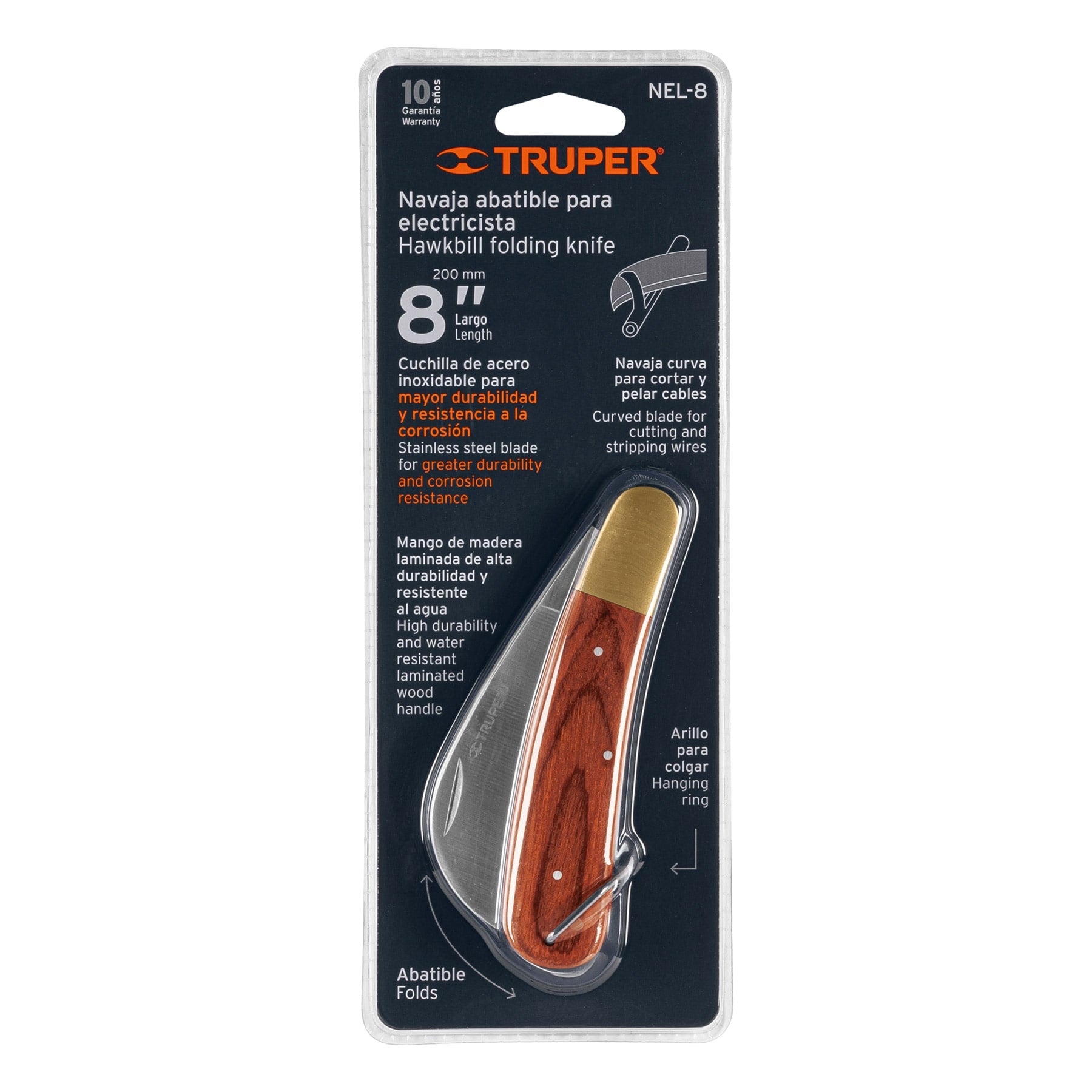 Cuchillo abatible 8" para electricista mango madera, TRUPER