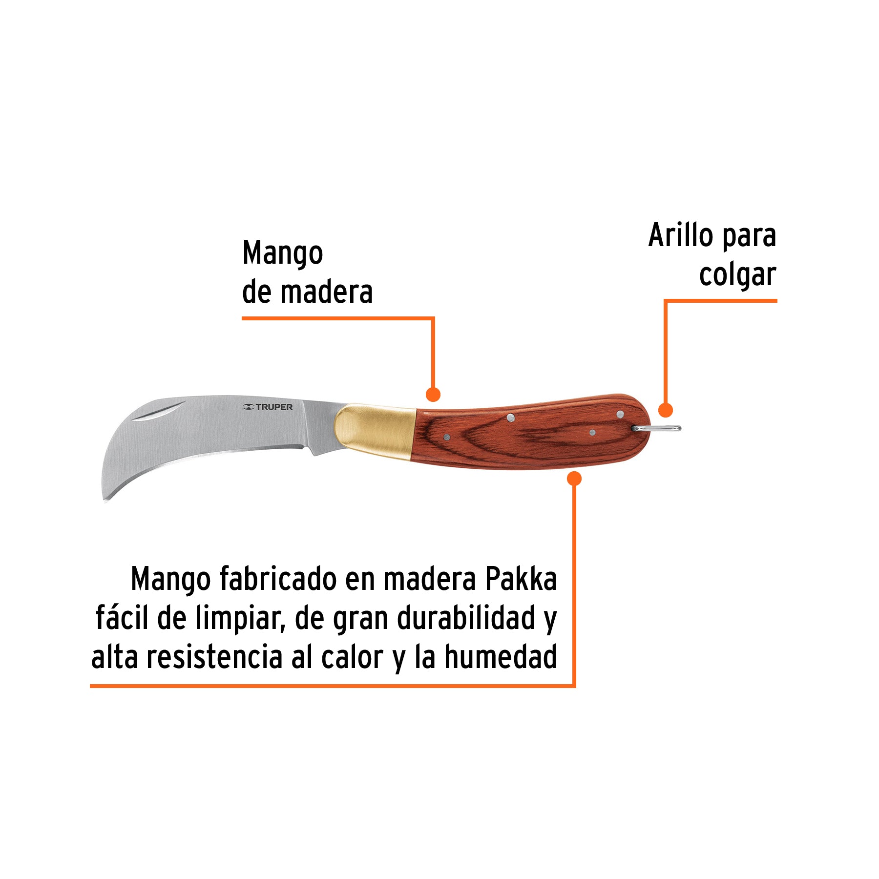 Cuchillo abatible 8" para electricista mango madera, TRUPER