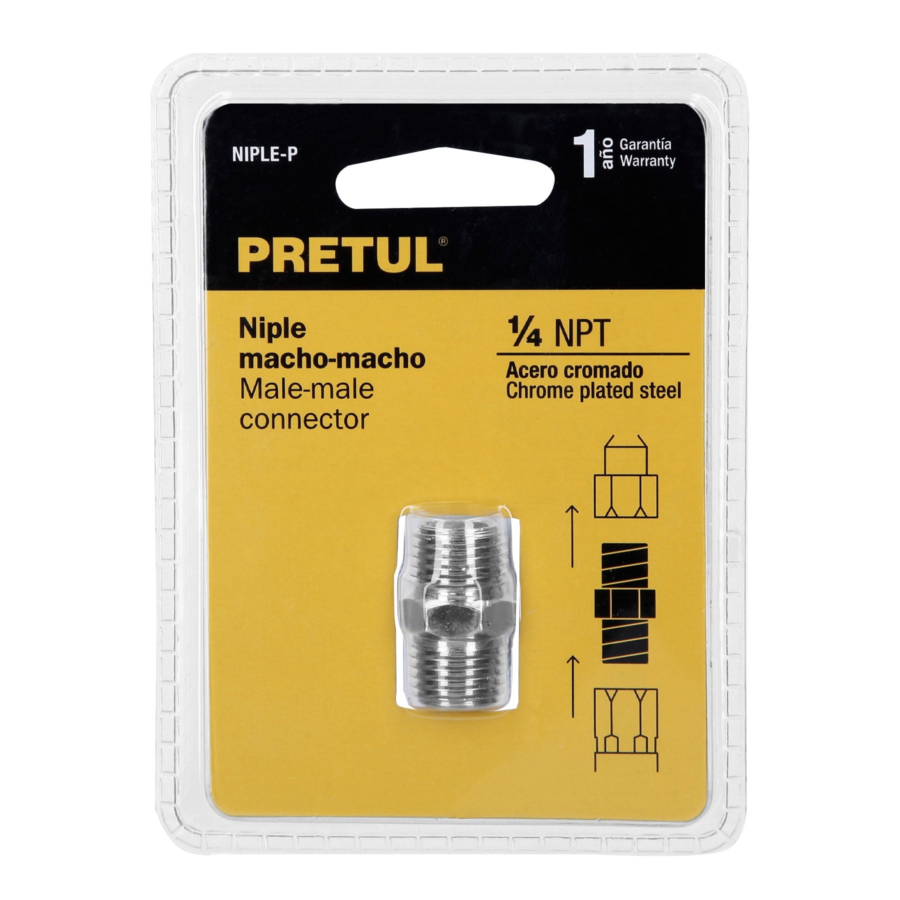 Niple de acero, macho-macho, cuerda 1/4" NPT, PRETUL