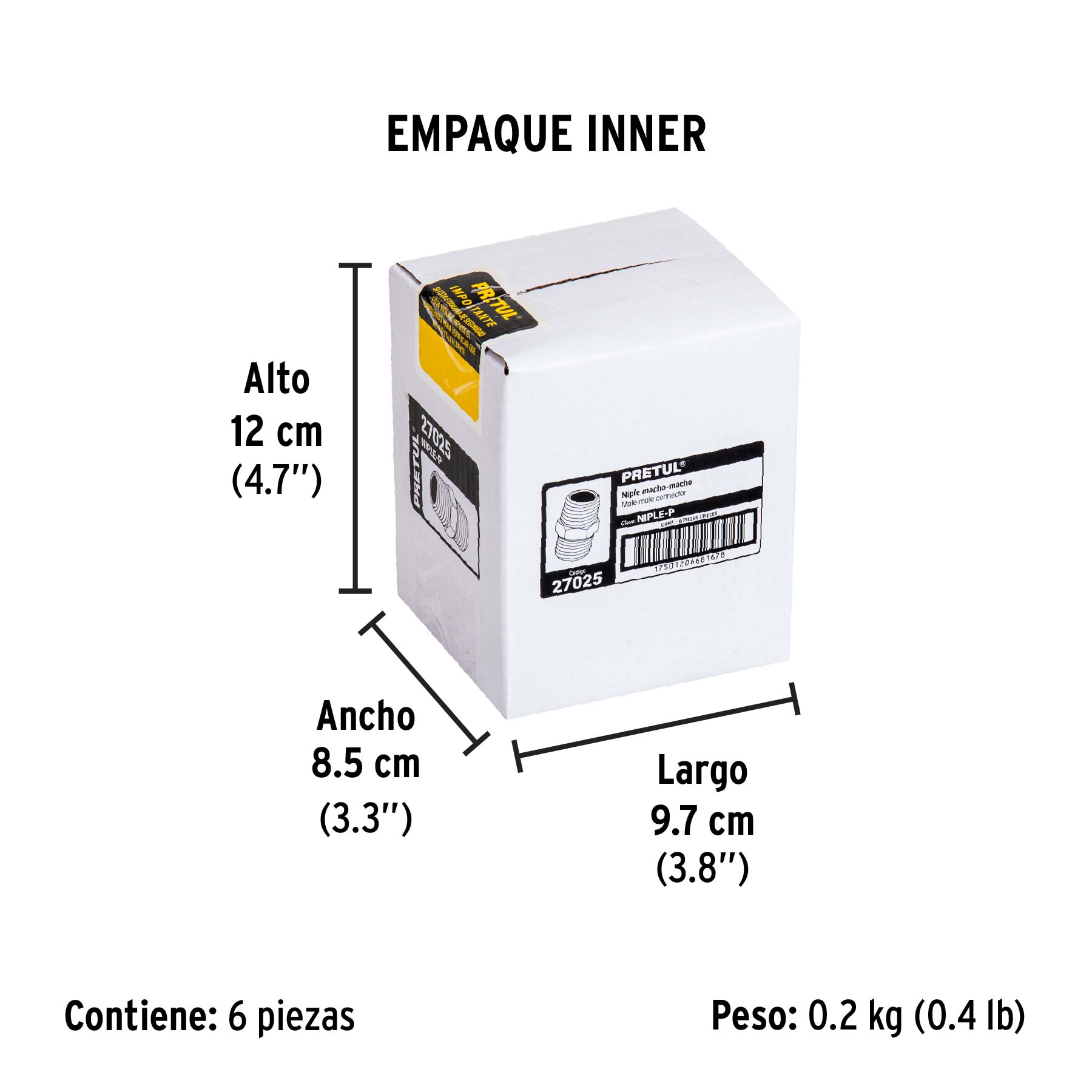 Niple de acero, macho-macho, cuerda 1/4" NPT, PRETUL - Empaque