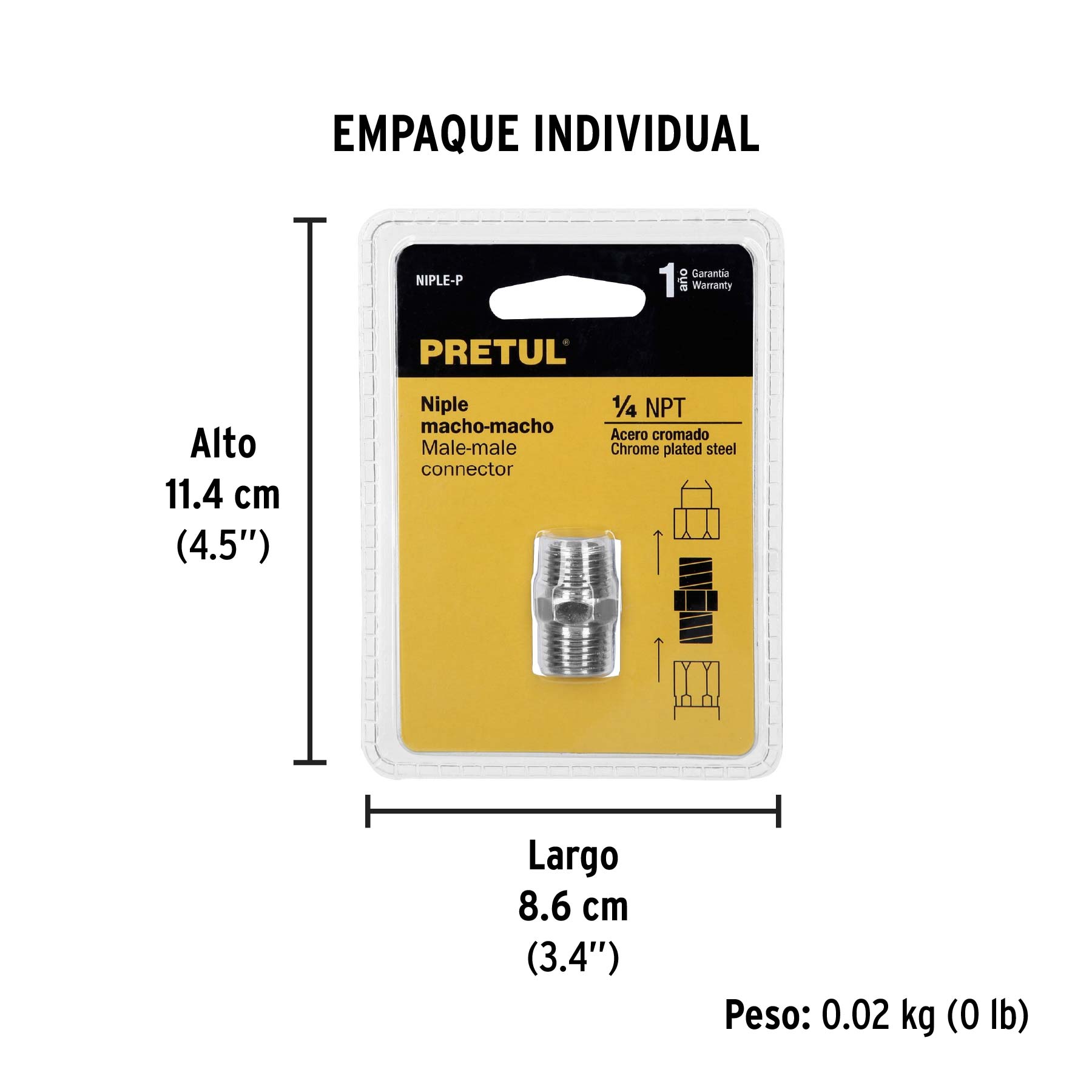 Niple de acero, macho-macho, cuerda 1/4" NPT, PRETUL - Empaque