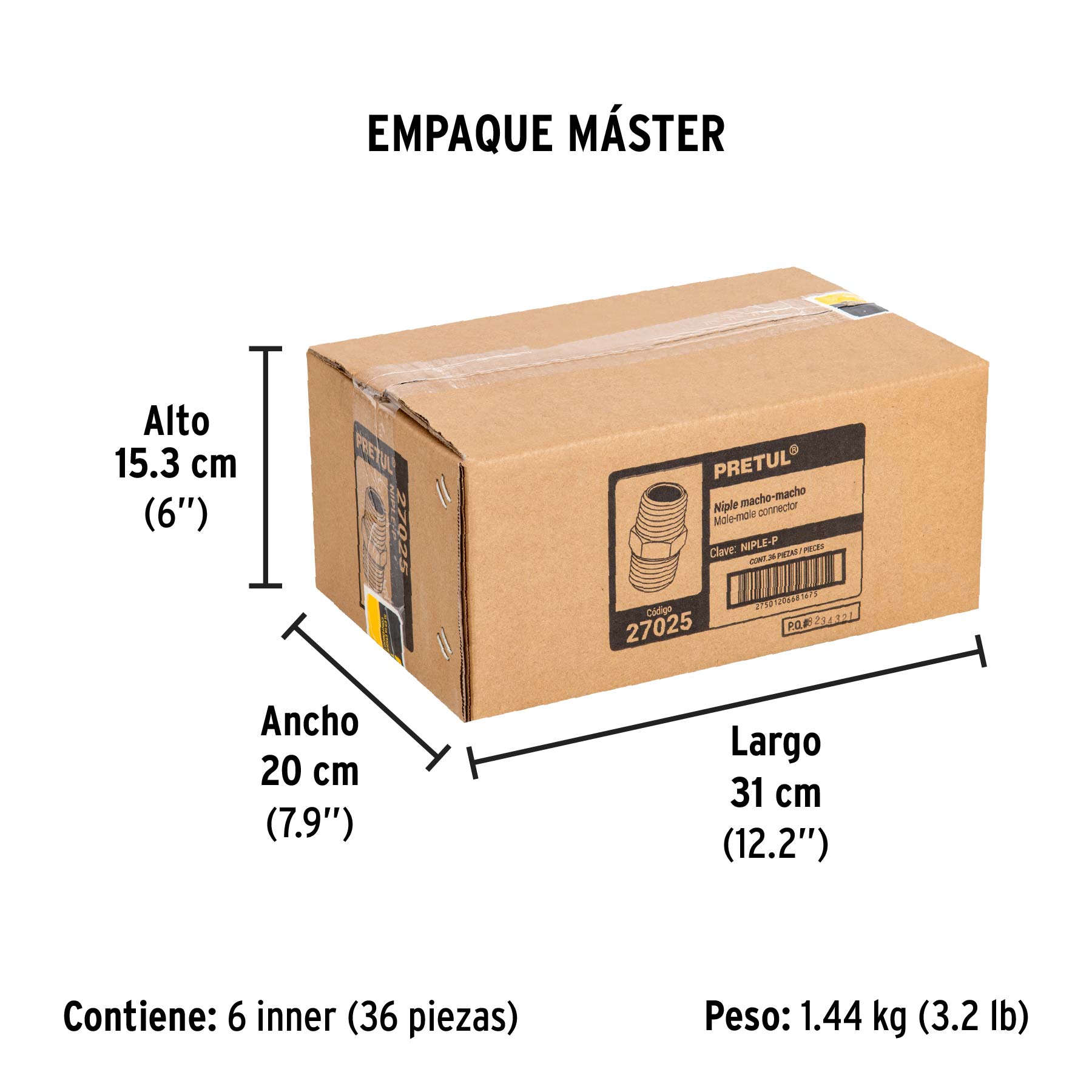 Niple de acero, macho-macho, cuerda 1/4" NPT, PRETUL - Empaque