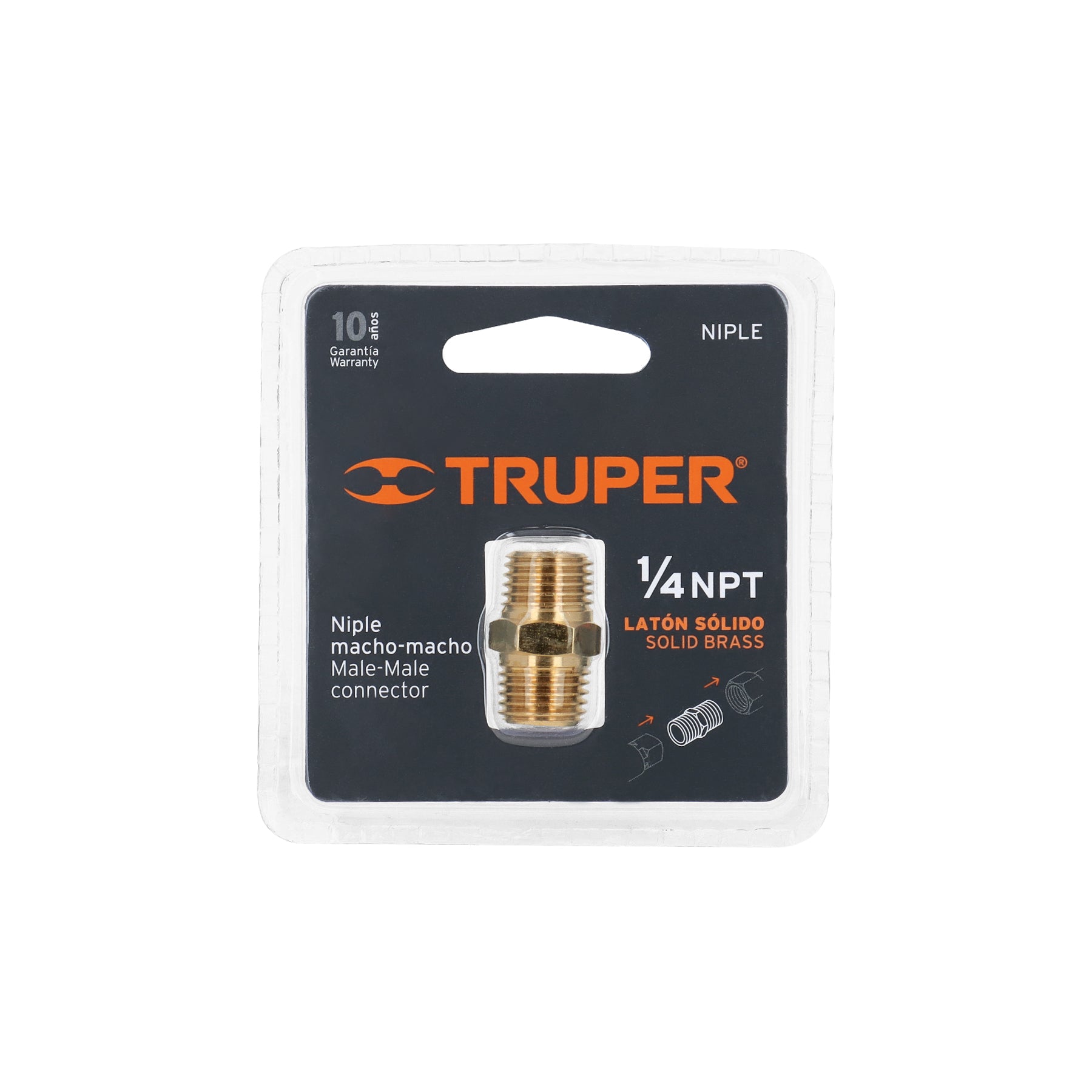 Niple de latón, macho-macho, cuerda 1/4" NPT, TRUPER