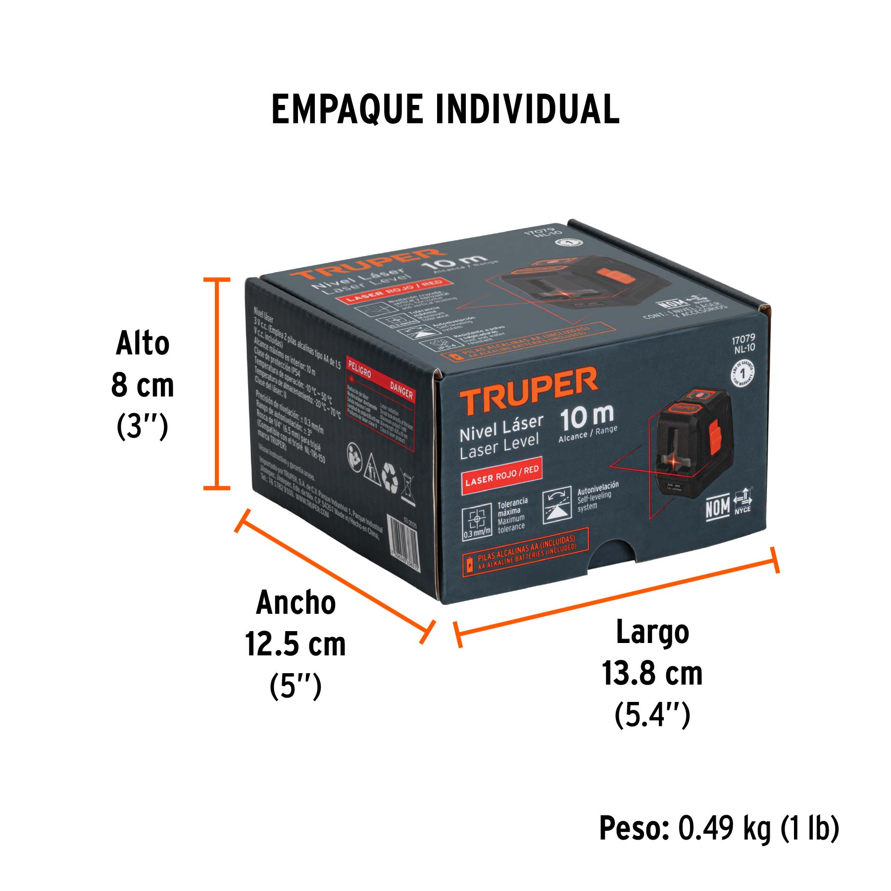 Nivel láser rojo, alcance 10 m, de pilas, TRUPER - Empaque