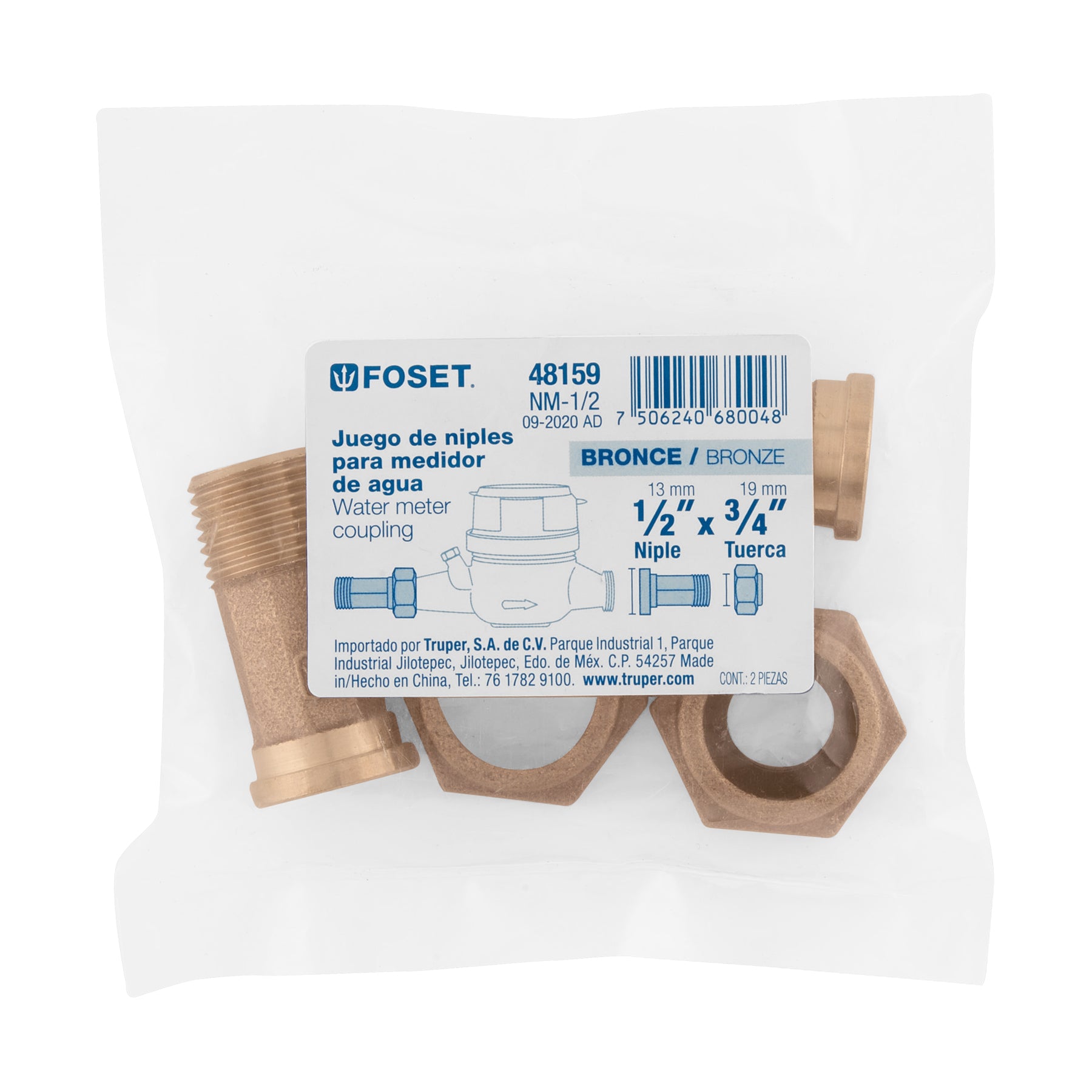 Juego de 2 niples para medidor de agua, 1/2 x 3/4", FOSET