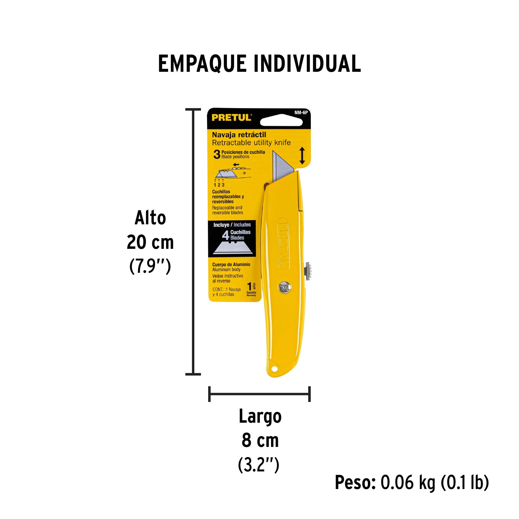 Navaja retráctil 6" cuerpo de aluminio, PRETUL - Empaque