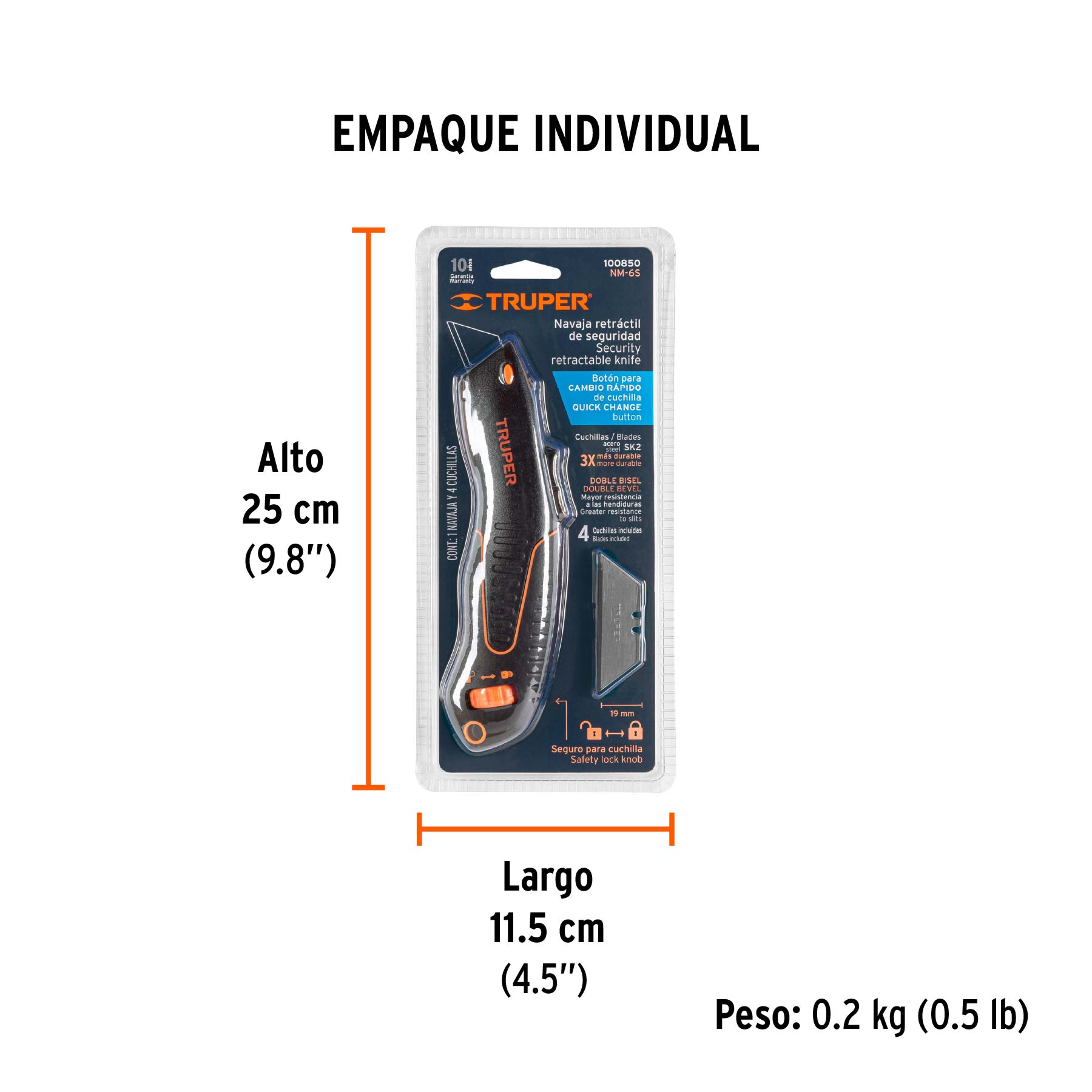Navaja auto-retráctil de seguridad 7", TRUPER - Empaque