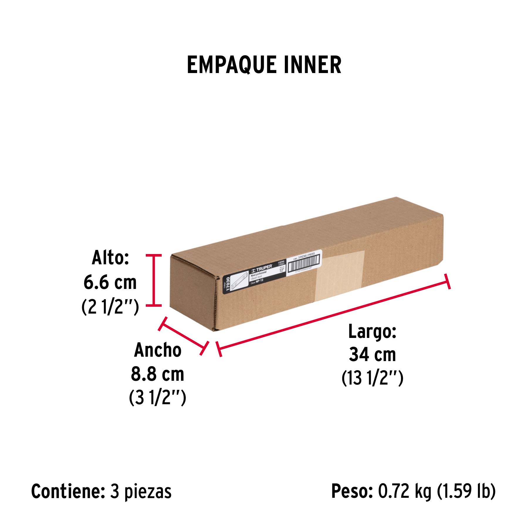 Nivel profesional de 12" con protección de ABS, TRUPER - Empaque