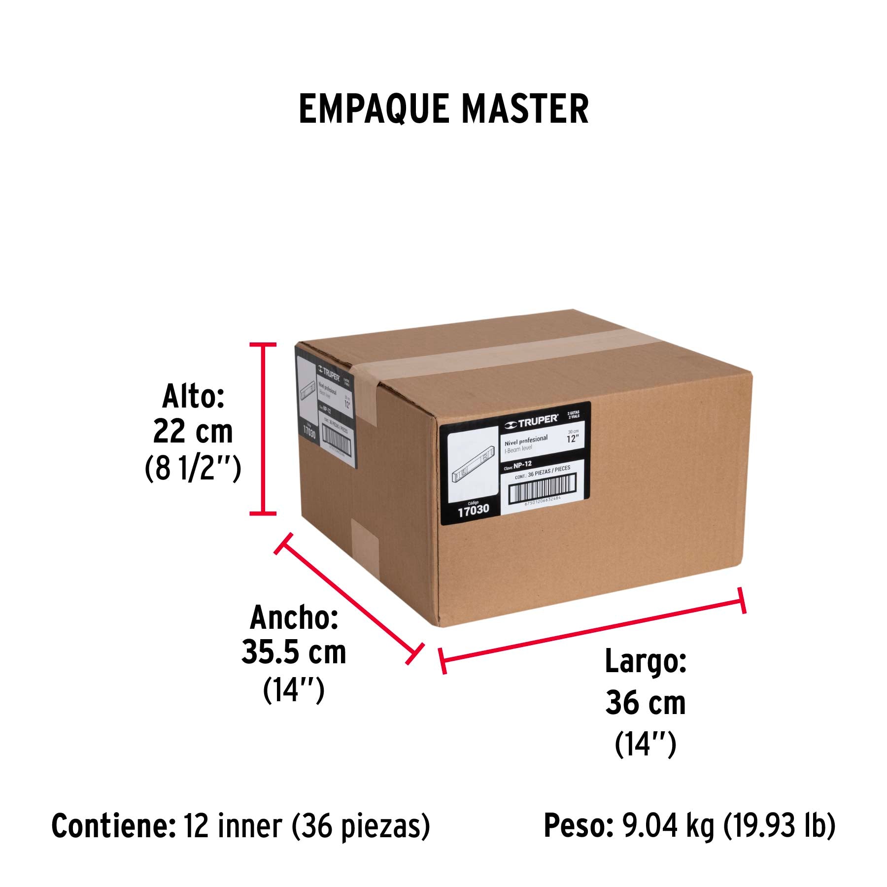 Nivel profesional de 12" con protección de ABS, TRUPER - Empaque