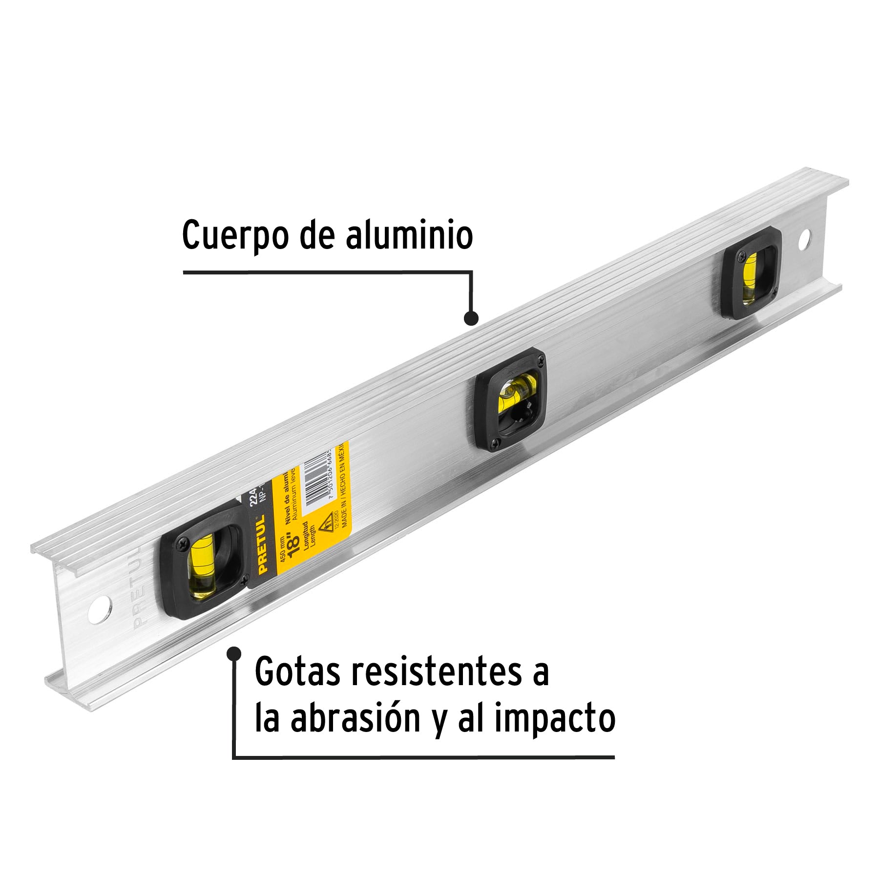 Nivel de 18" con cuerpo de aluminio, PRETUL