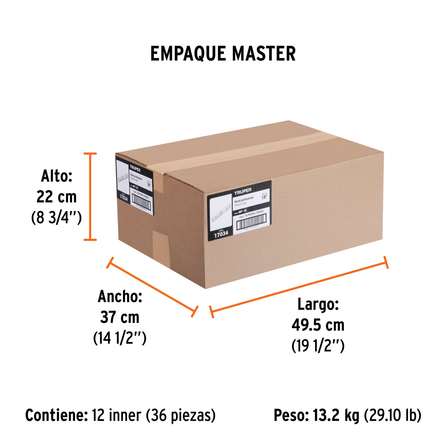 Nivel profesional de 18" con protección de ABS, TRUPER - Empaque