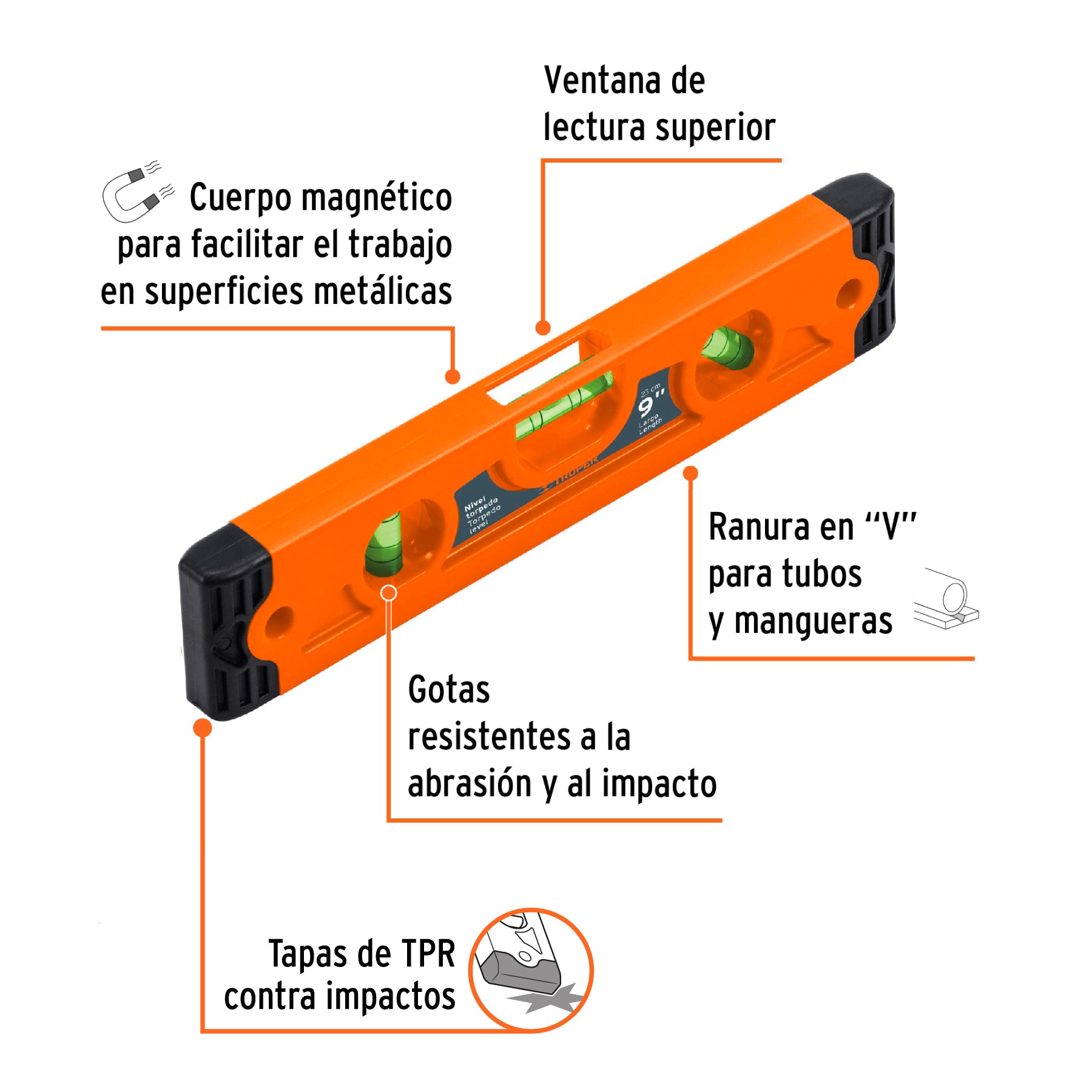 Nivel torpedo magnético de 9" con cuerpo de ABS, TRUPER