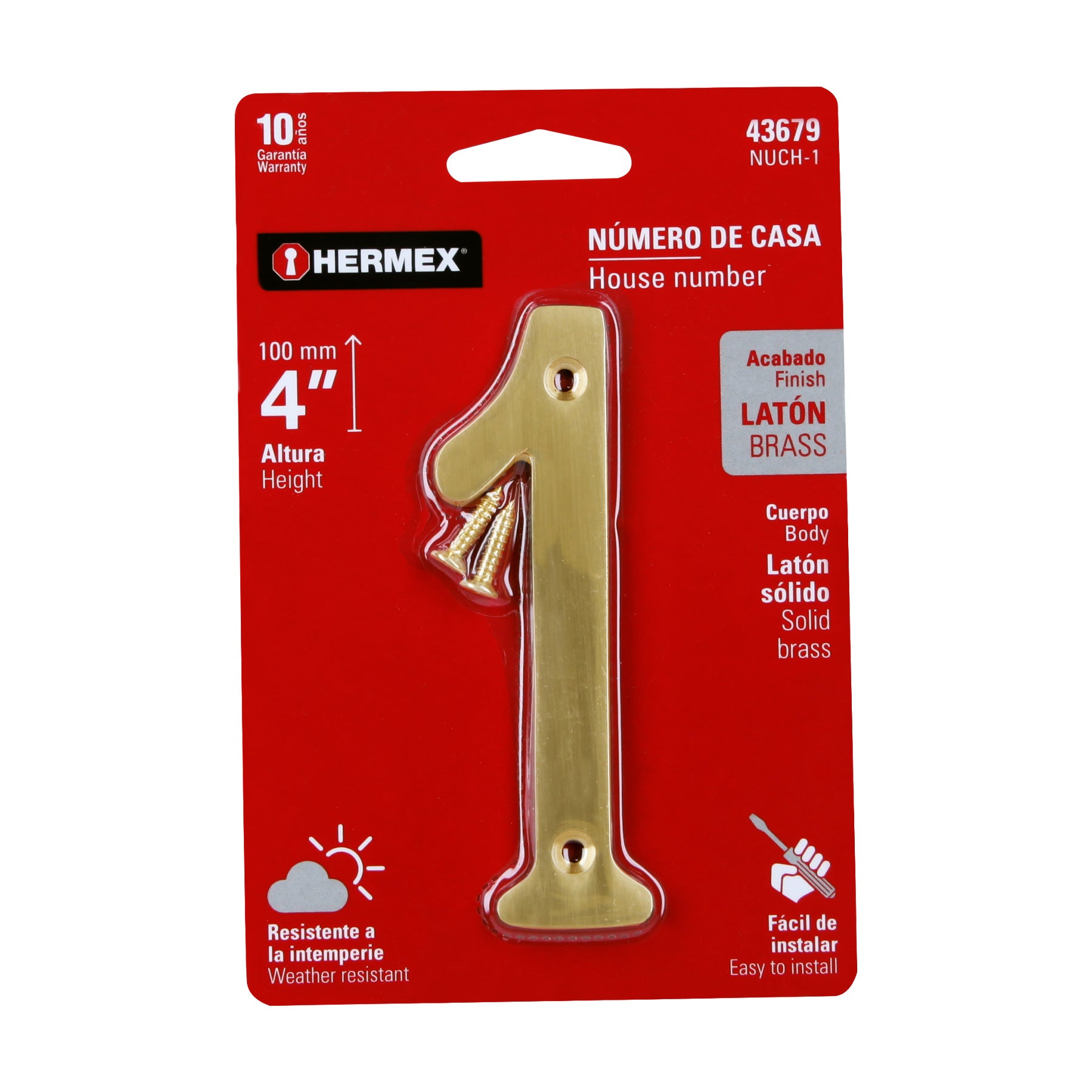 Número 1 de latón sólido 4", latón brillante, HERMEX