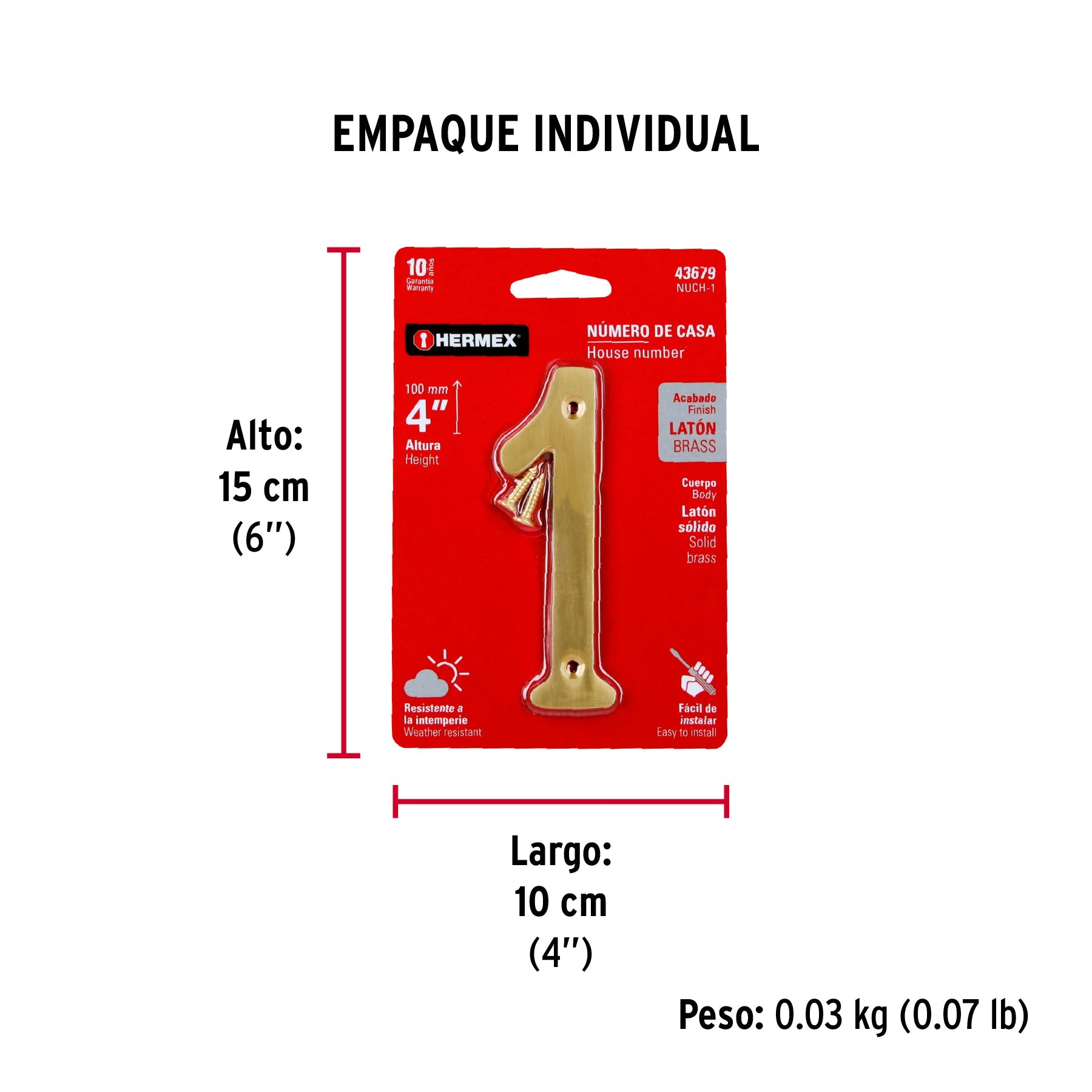 Número 1 de latón sólido 4", latón brillante, HERMEX - Empaque