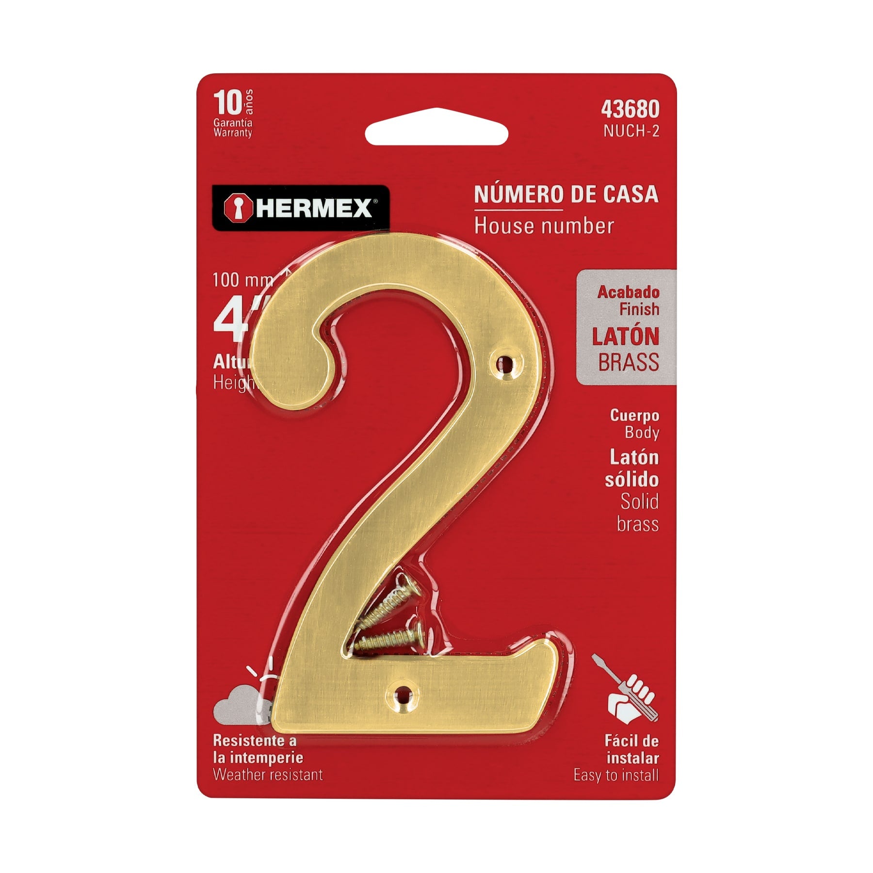 Número 2 de latón sólido 4", latón brillante, HERMEX