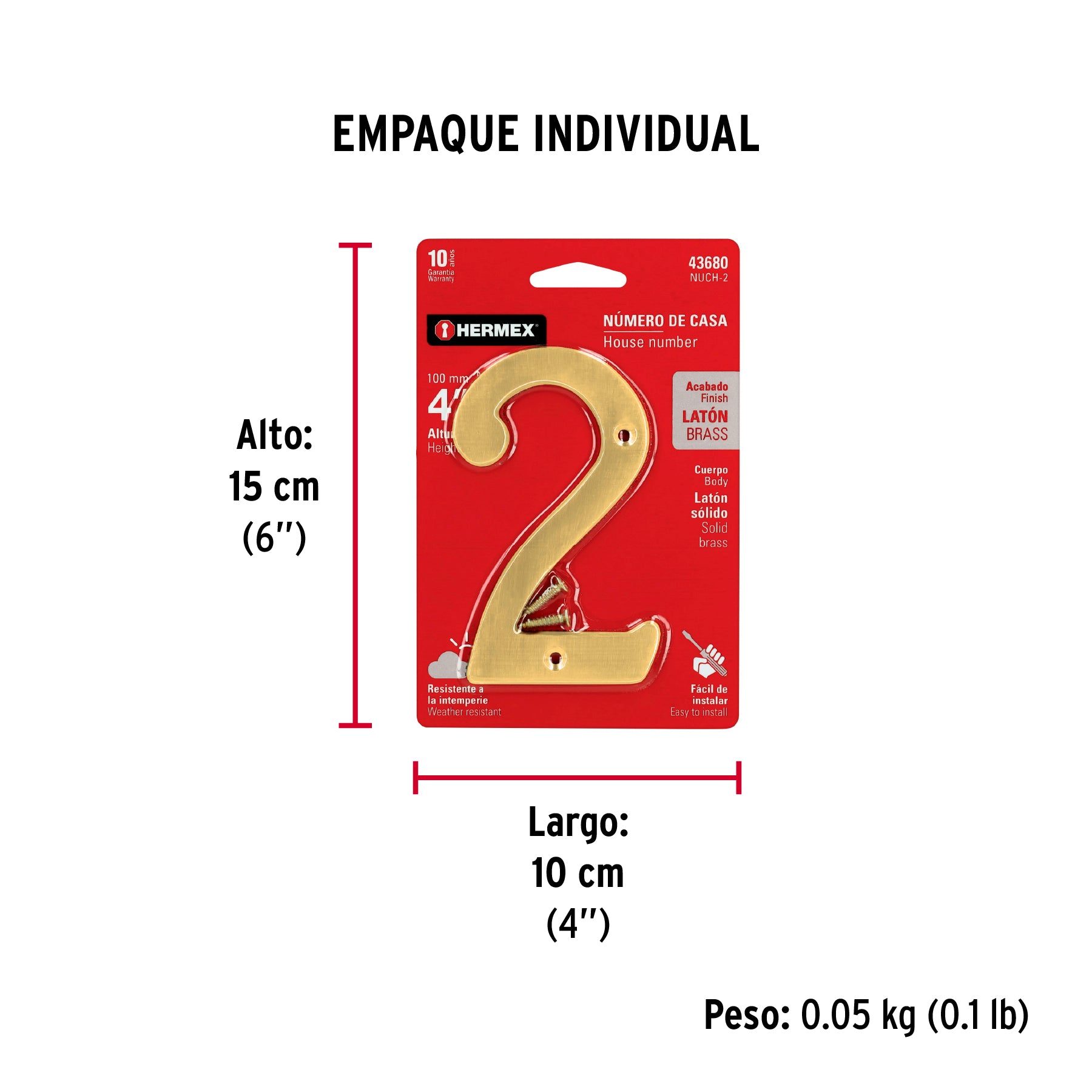 Número 2 de latón sólido 4", latón brillante, HERMEX - Empaque
