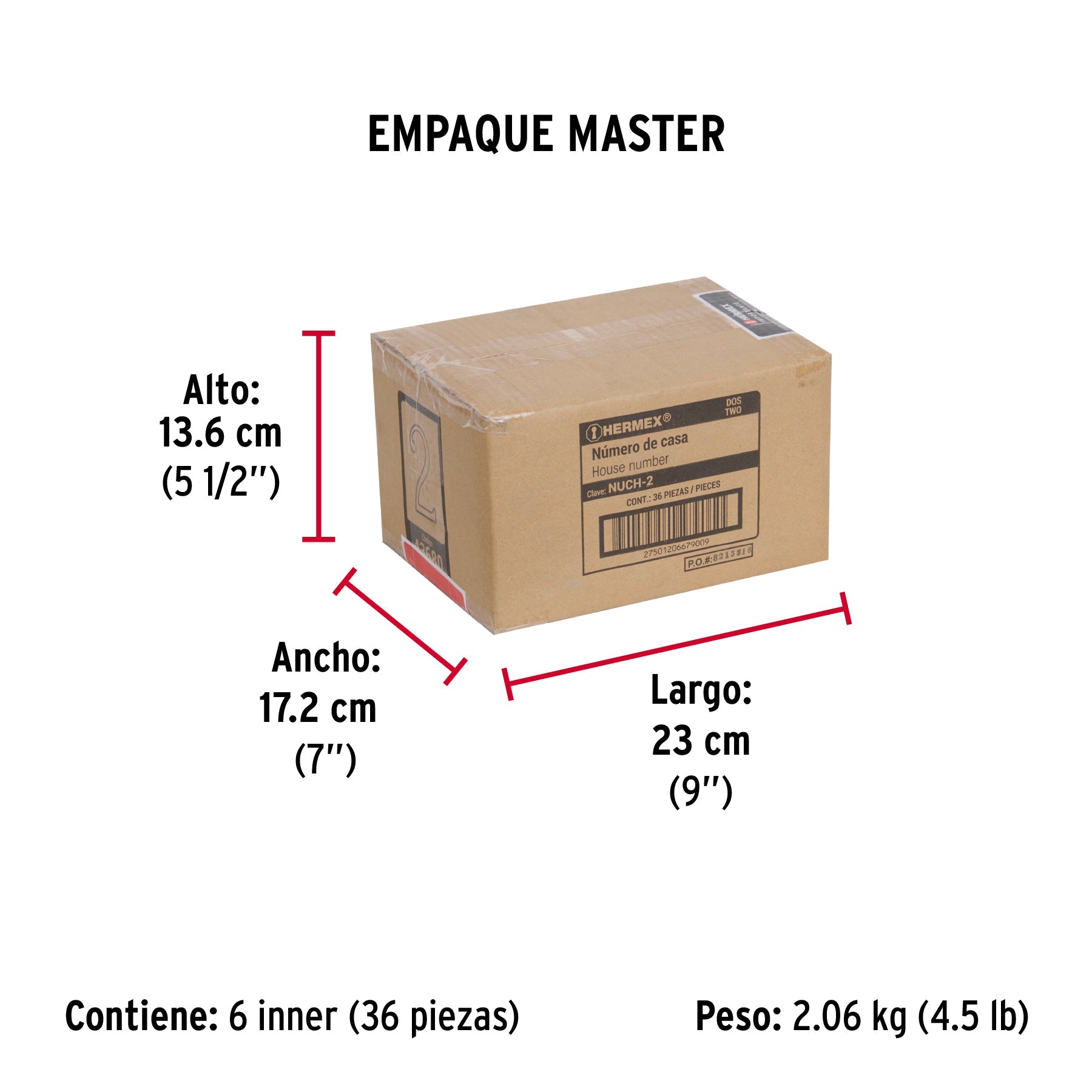 Número 2 de latón sólido 4", latón brillante, HERMEX - Empaque