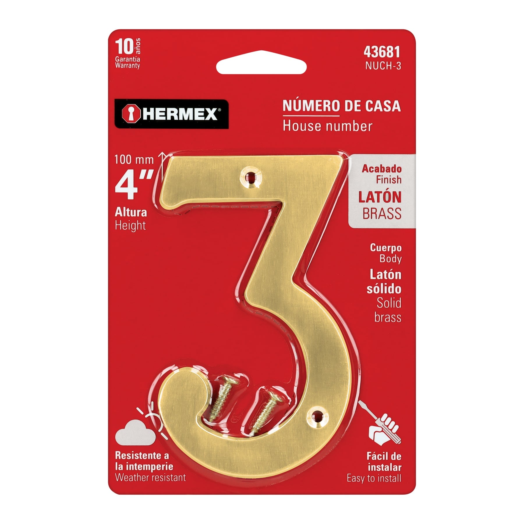 Número 3 de latón sólido 4", latón brillante, HERMEX