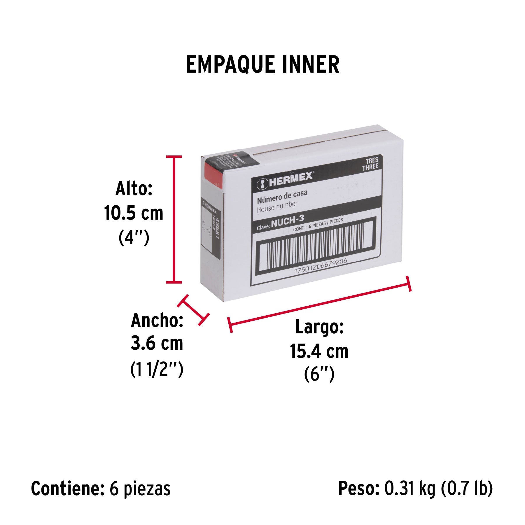 Número 3 de latón sólido 4", latón brillante, HERMEX - Empaque