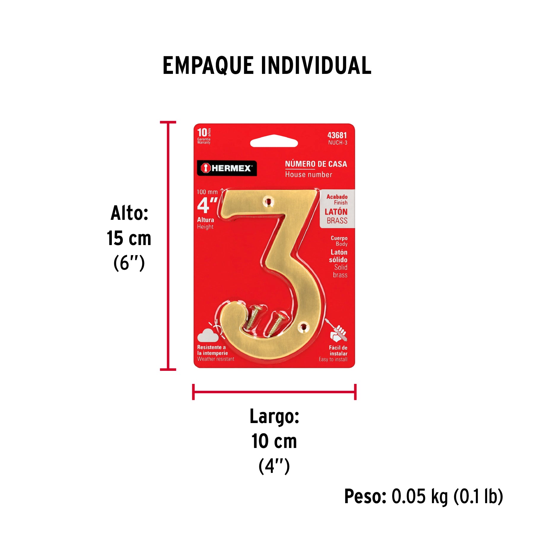 Número 3 de latón sólido 4", latón brillante, HERMEX - Empaque