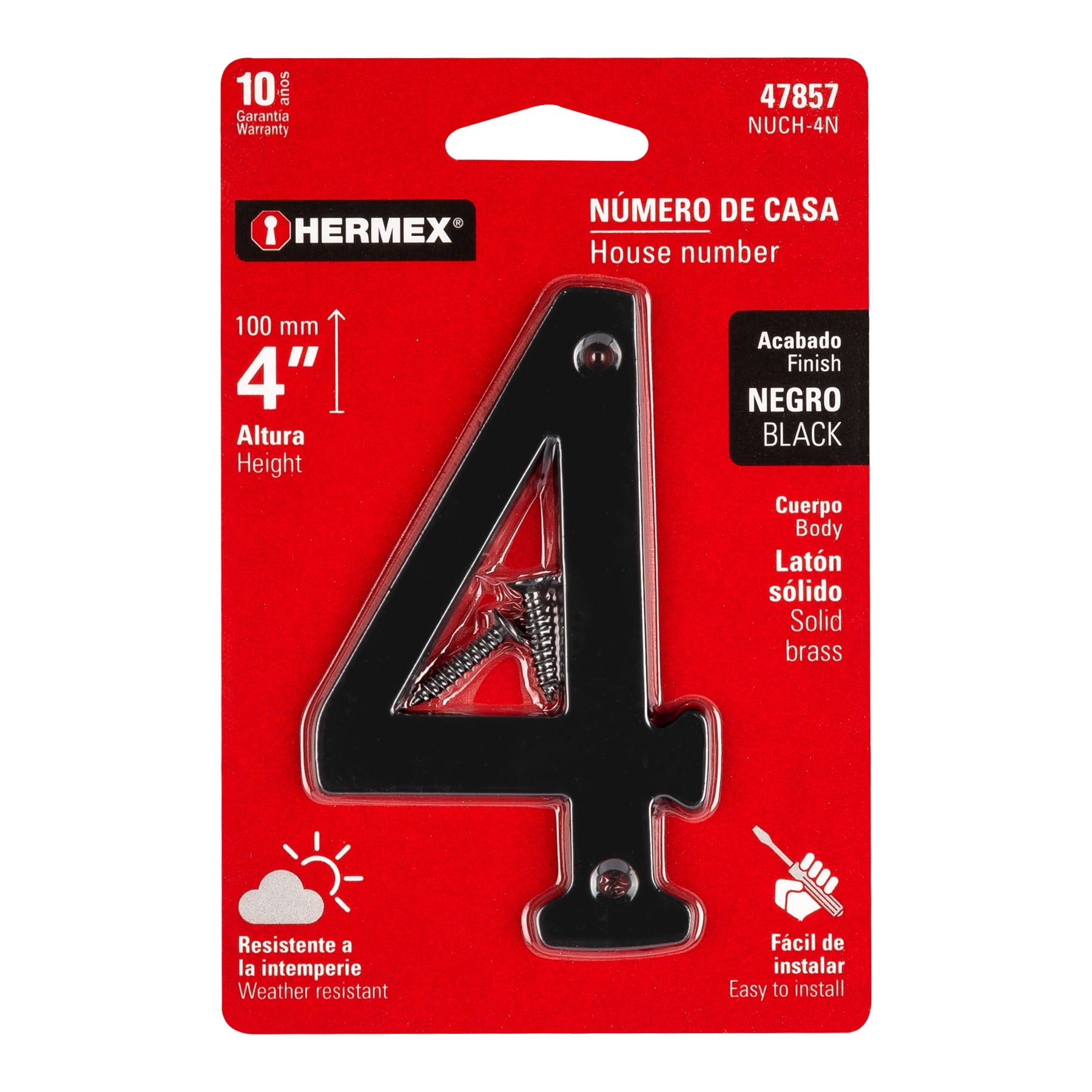 Número 4 de latón sólido 4", negro, HERMEX