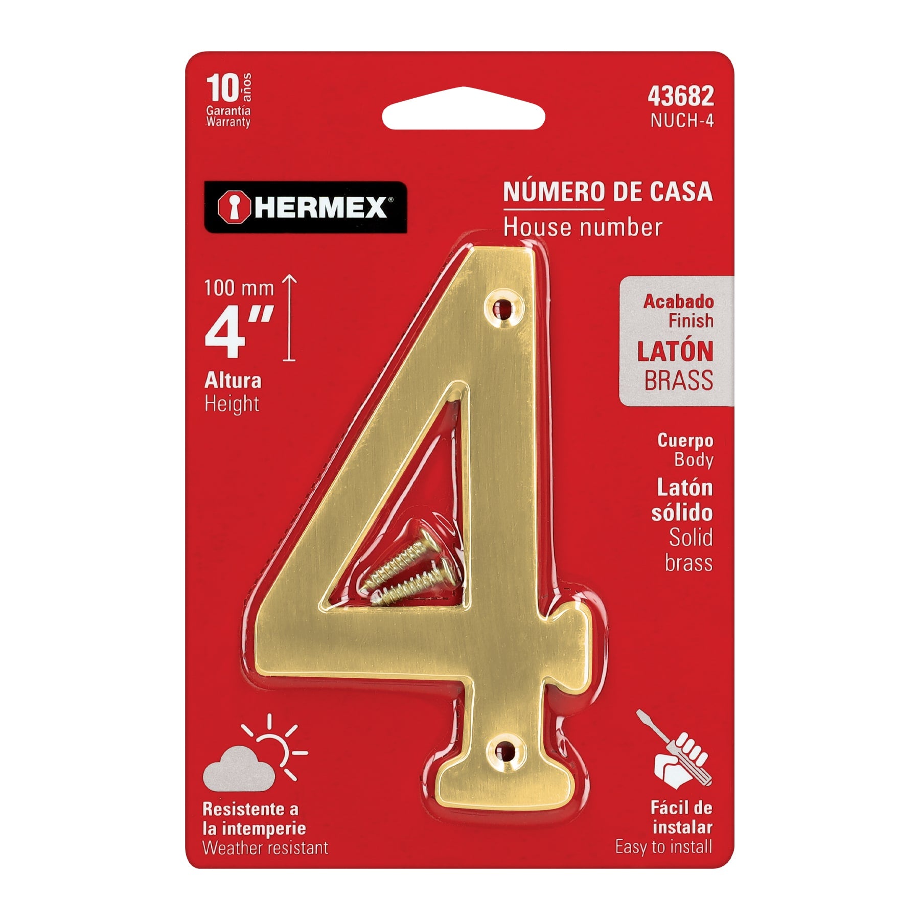 Número 4 de latón sólido 4", latón brillante, HERMEX