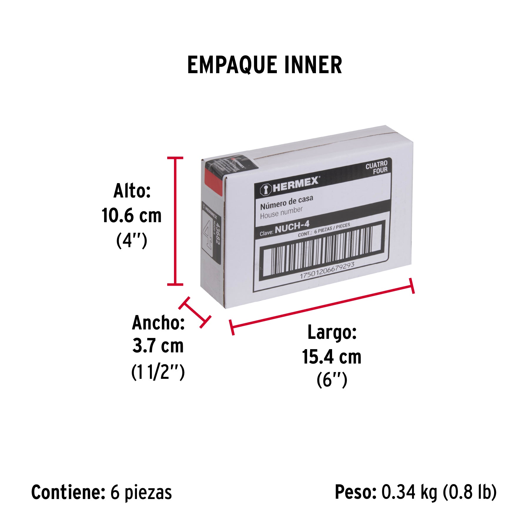 Número 4 de latón sólido 4", latón brillante, HERMEX - Empaque