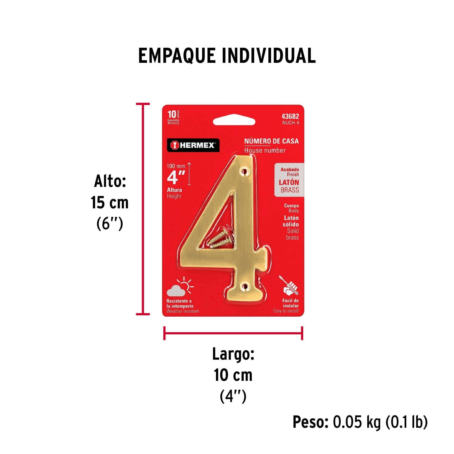 Número 4 de latón sólido 4", latón brillante, HERMEX - Empaque