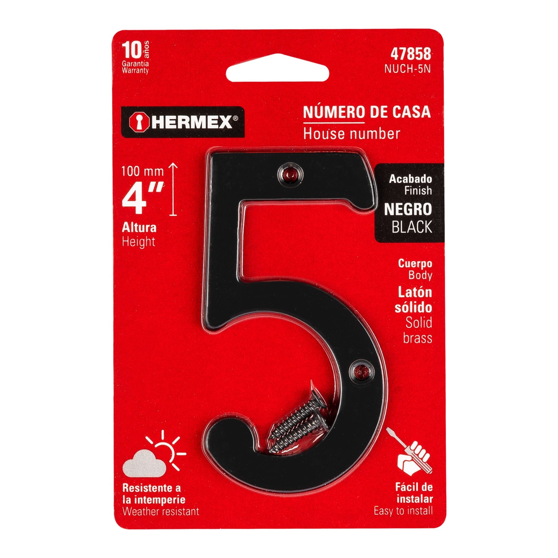 Número 5 de latón sólido 4", negro, HERMEX