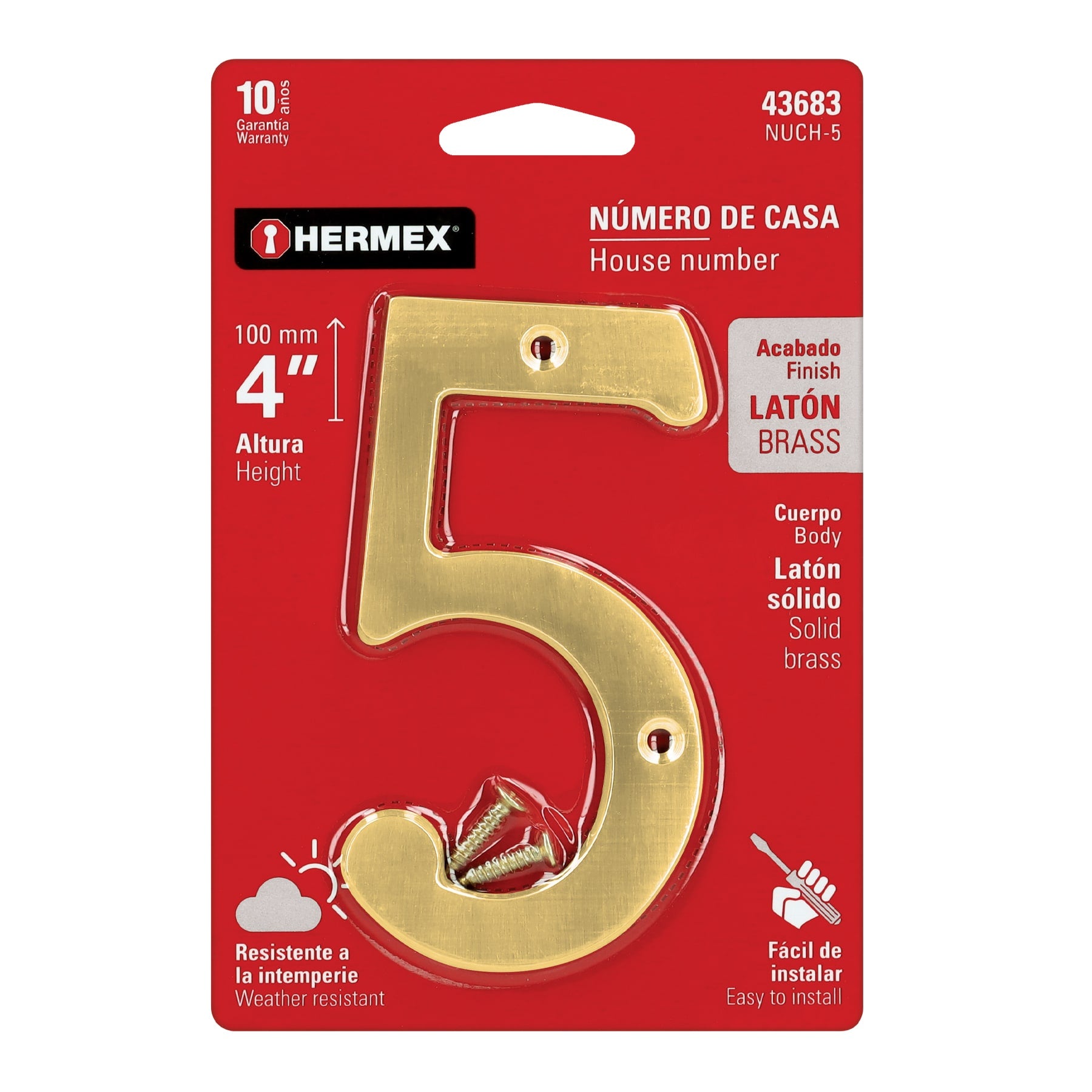 Número 5 de latón sólido 4", latón brillante, HERMEX
