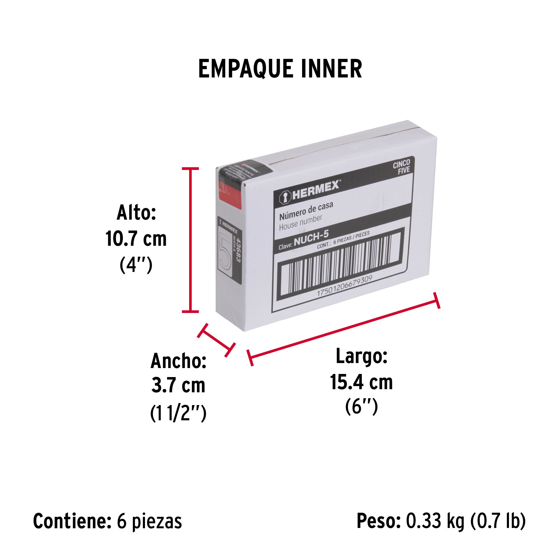 Número 5 de latón sólido 4", latón brillante, HERMEX - Empaque