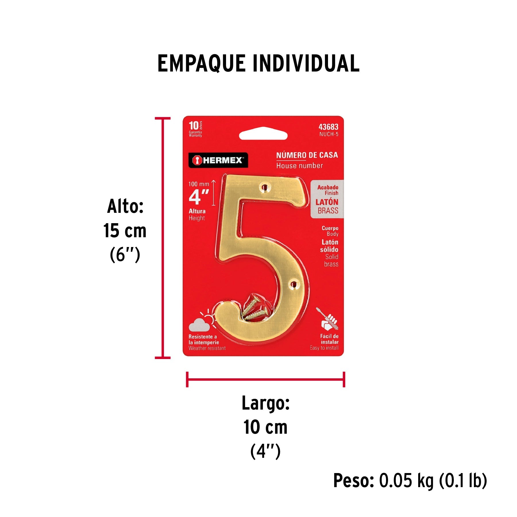Número 5 de latón sólido 4", latón brillante, HERMEX - Empaque