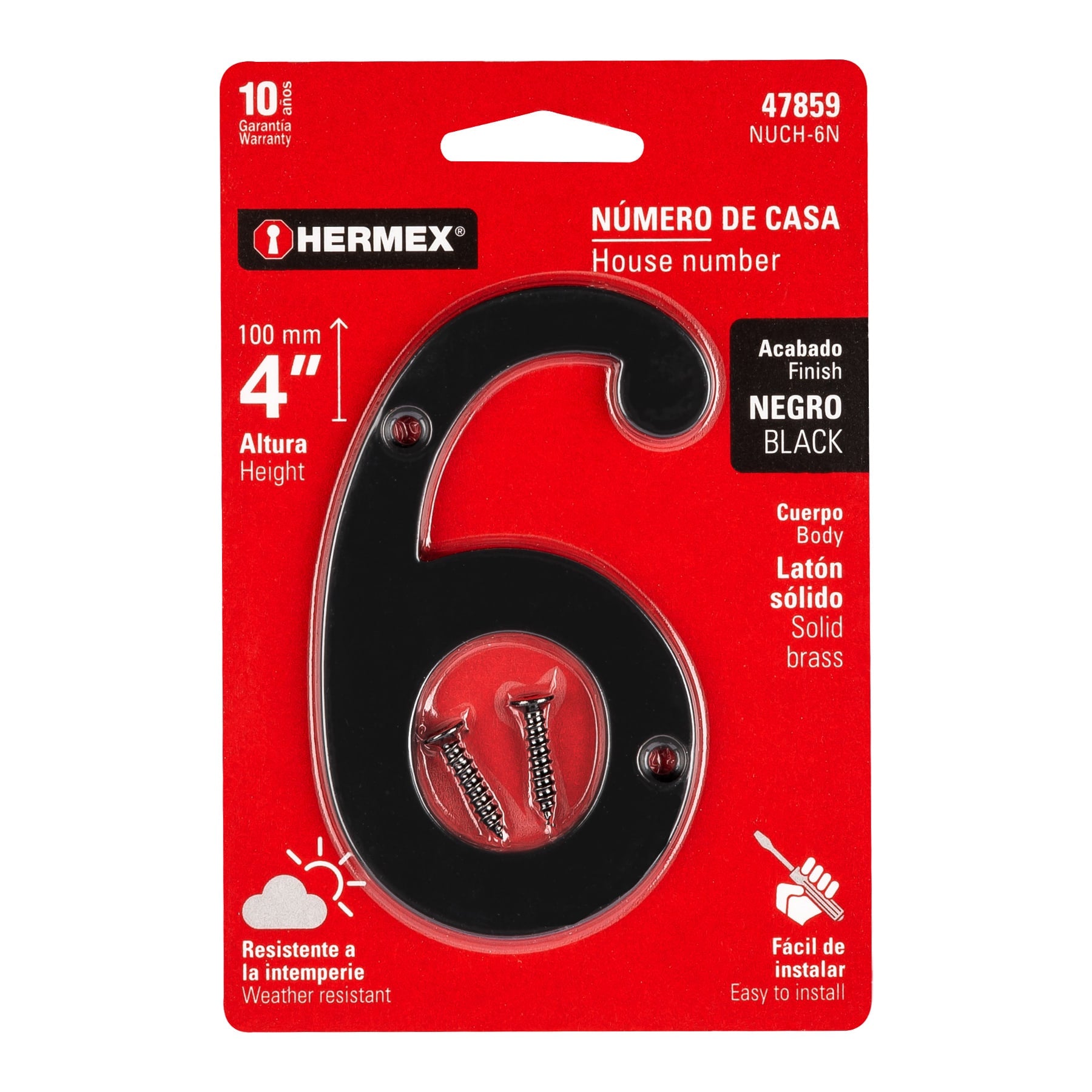 Número 6 de latón sólido 4", negro, HERMEX