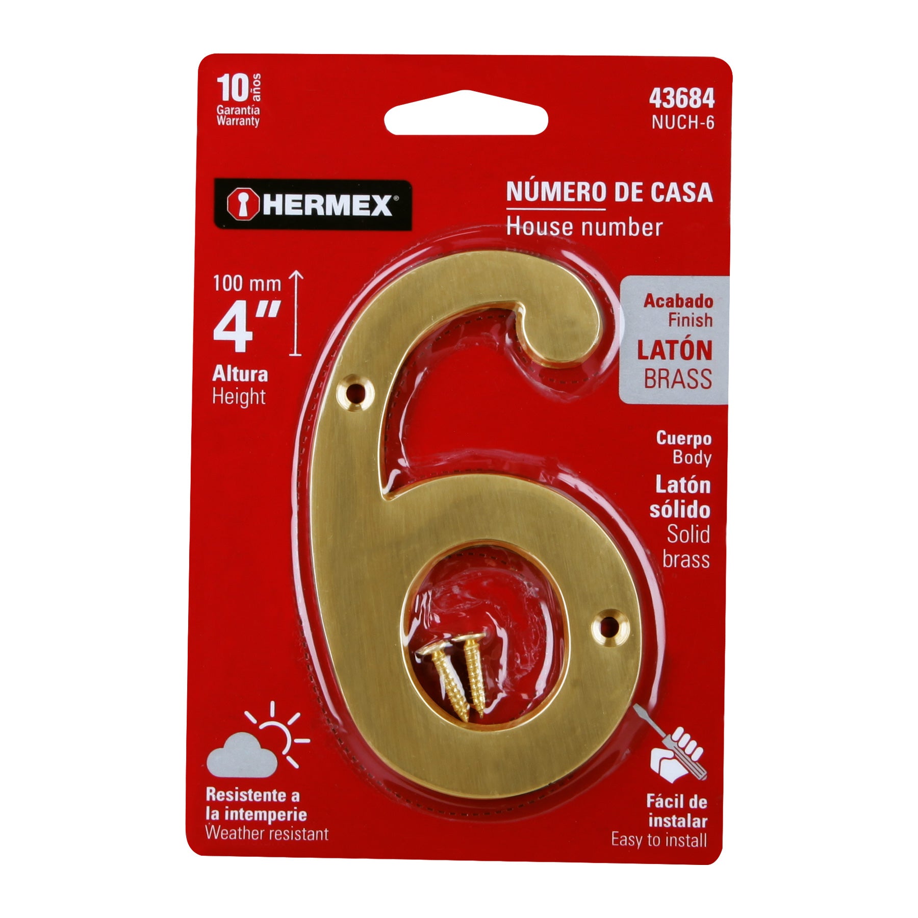 Número 6 de latón sólido 4", latón brillante, HERMEX