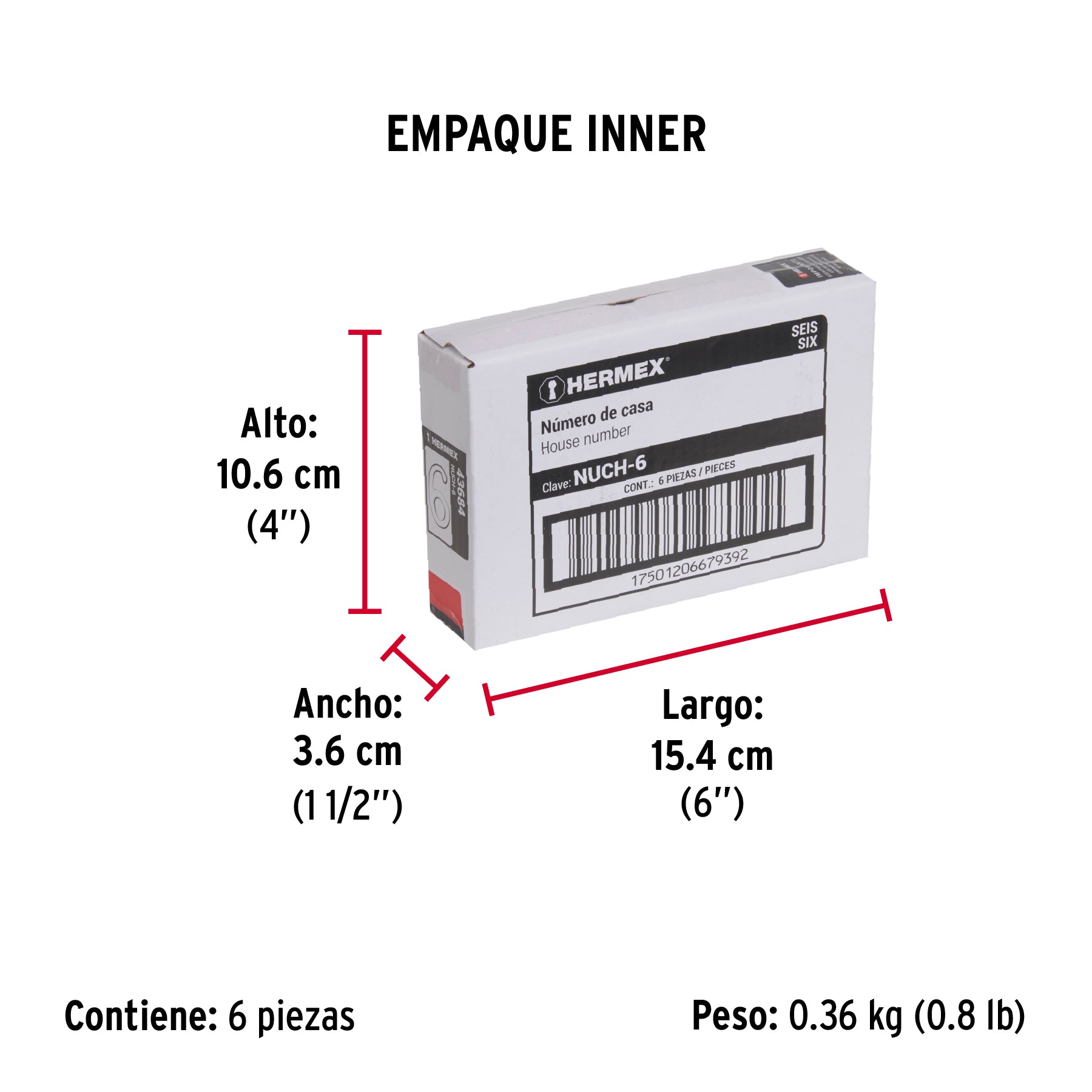 Número 6 de latón sólido 4", latón brillante, HERMEX - Empaque