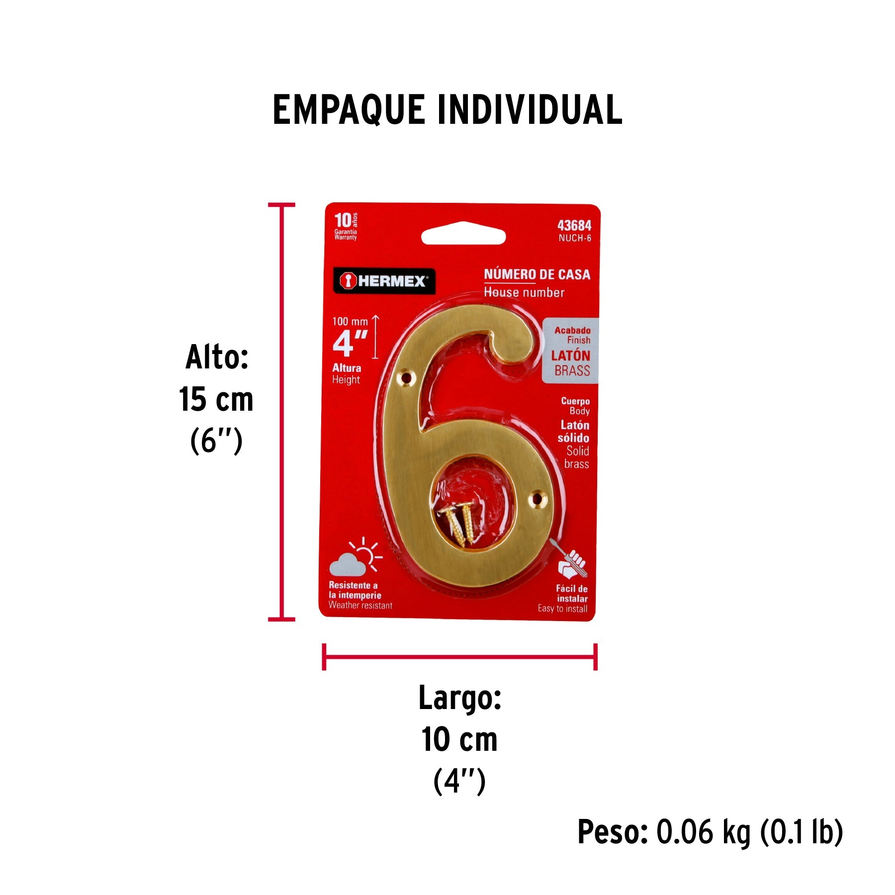 Número 6 de latón sólido 4", latón brillante, HERMEX - Empaque